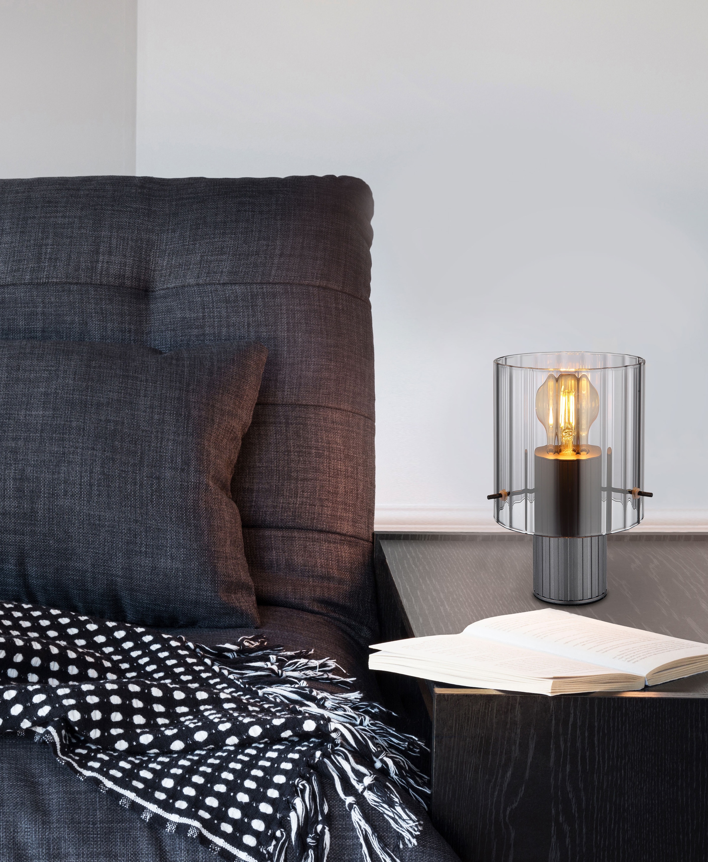 GLOBO LIGHTING Tischleuchte »TULIVAR«, Leuchtmittel E27 | ohne Leuchtmittel, Tischlampe/Glas rauchfarben/Rillen/Wohnzimmer/Schlafzimmer