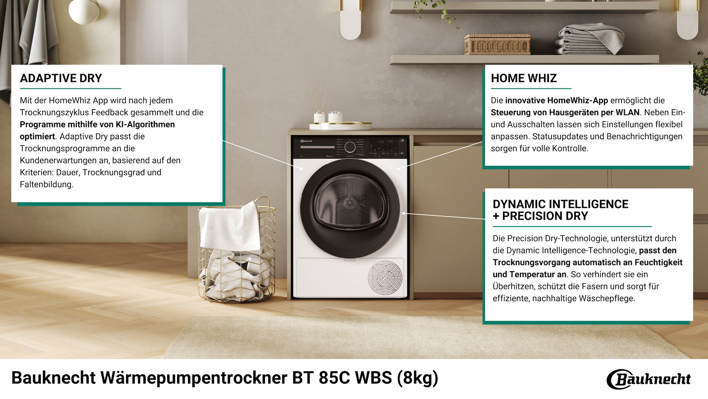 BAUKNECHT Wärmepumpentrockner »BT 85C WBS«, 8 kg, HomeWhiz App