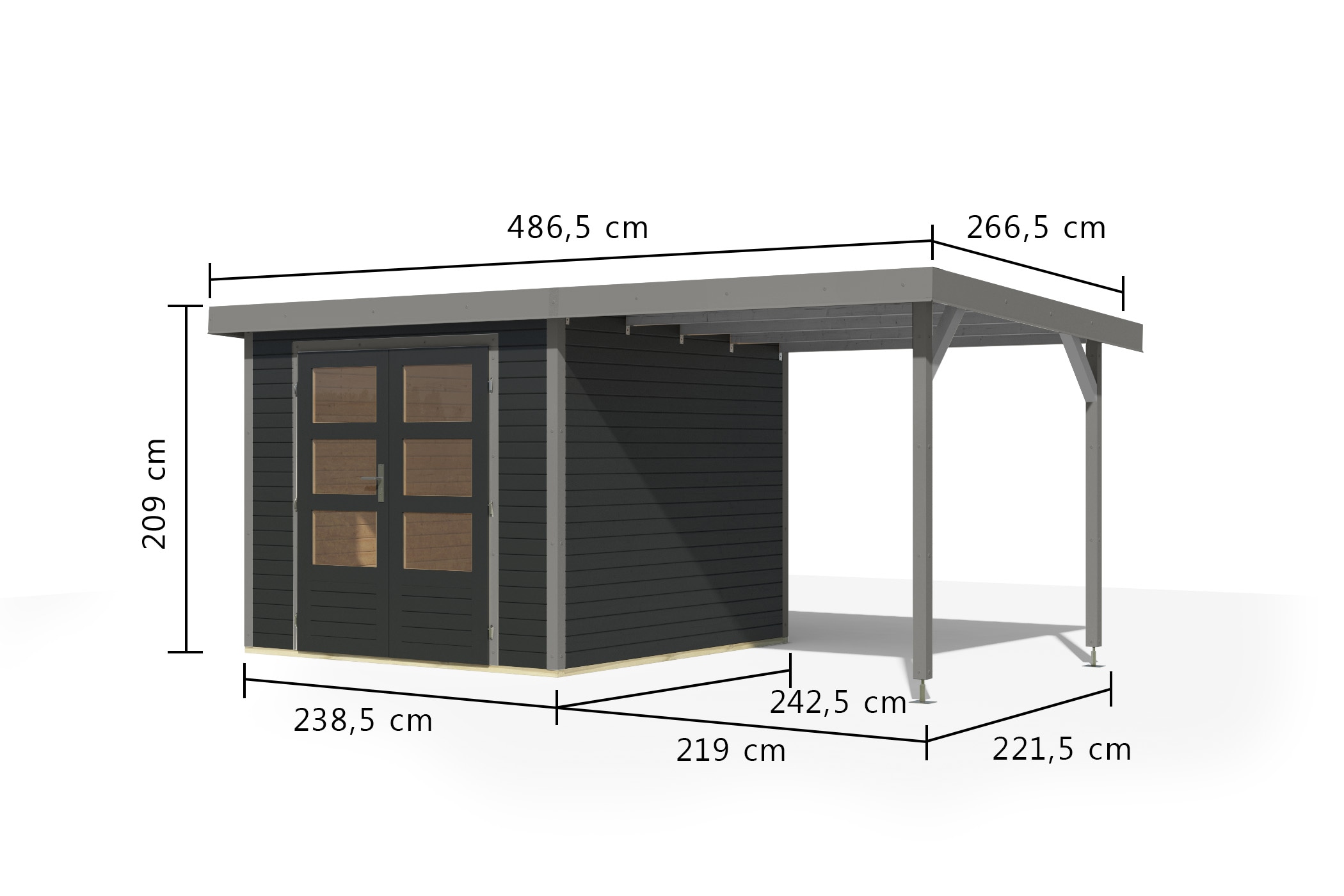 Karibu Gartenhaus »"Jupiter 3,5 C" SET anthrazit, mit Anbaudach 2,35 m breit«, hochwertige Materialien: nordische Fichte, Stahlecken, Trapezblechdach