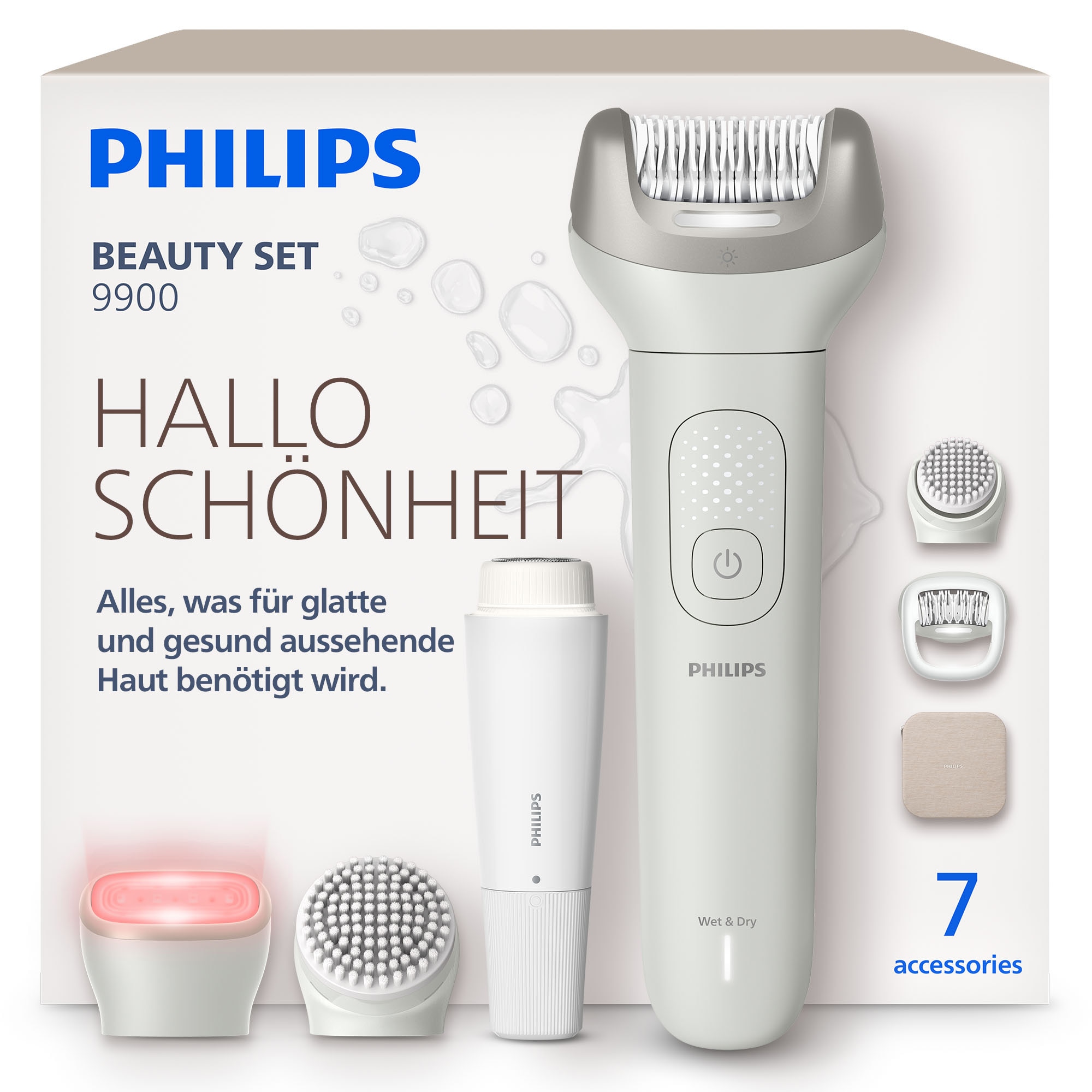 PHILIPS Damen Epilierer "Series 9900 BRE738/00", weiß, B:26,5cm H:18,5cm T:9,5cm, Epilierer, Nass-und Trockenfunktion, inkl.Gesichtsreinigungsbürste