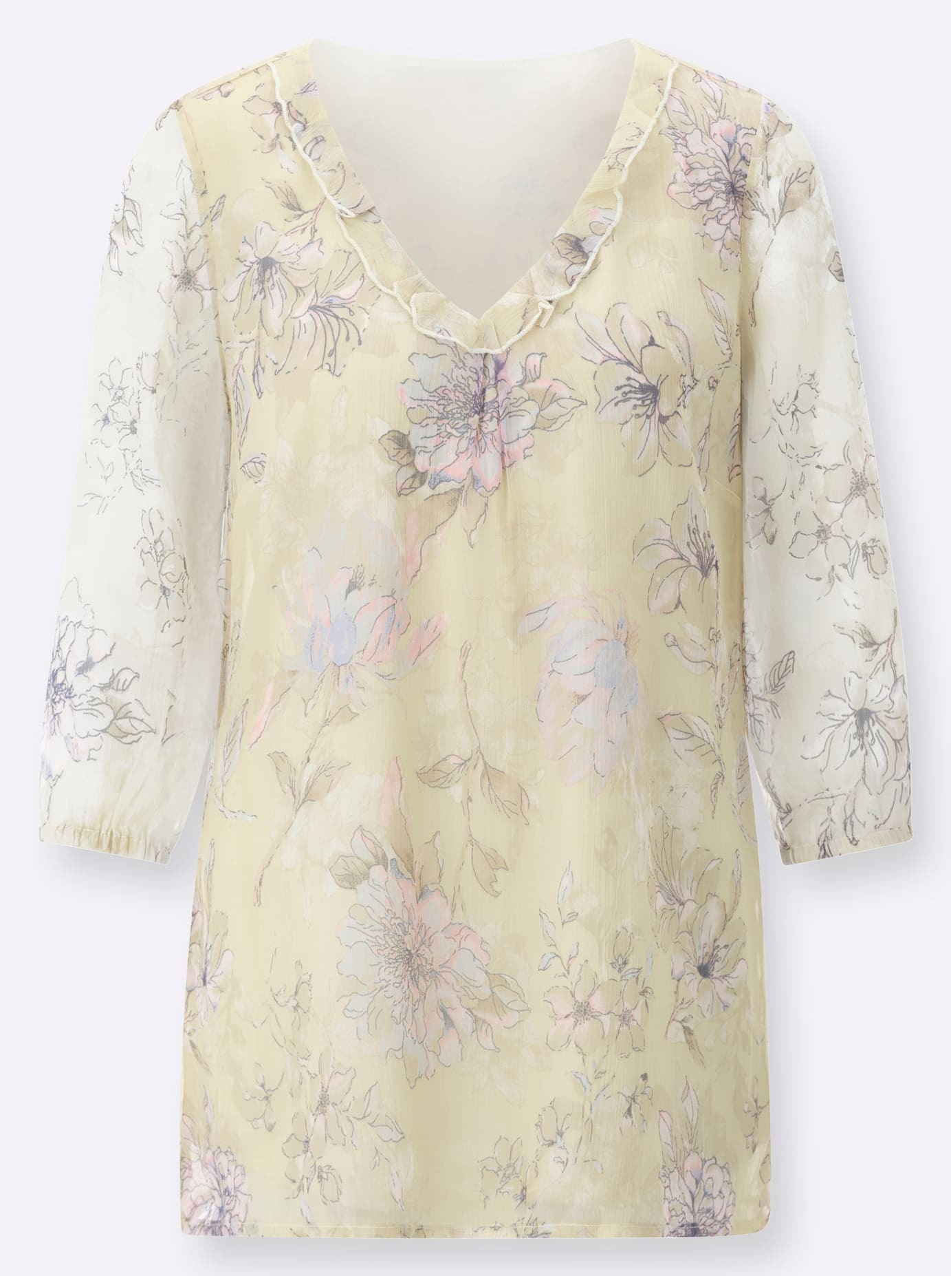 Schlupfbluse CLASSIC BASICS, Damen, Gr. 50, beige (sand, hortensie, bedruckt), 100% Polyester, geblümt, gemustert, mehrfarbig, V-Ausschnitt, Blusen Schlupfbluse 3