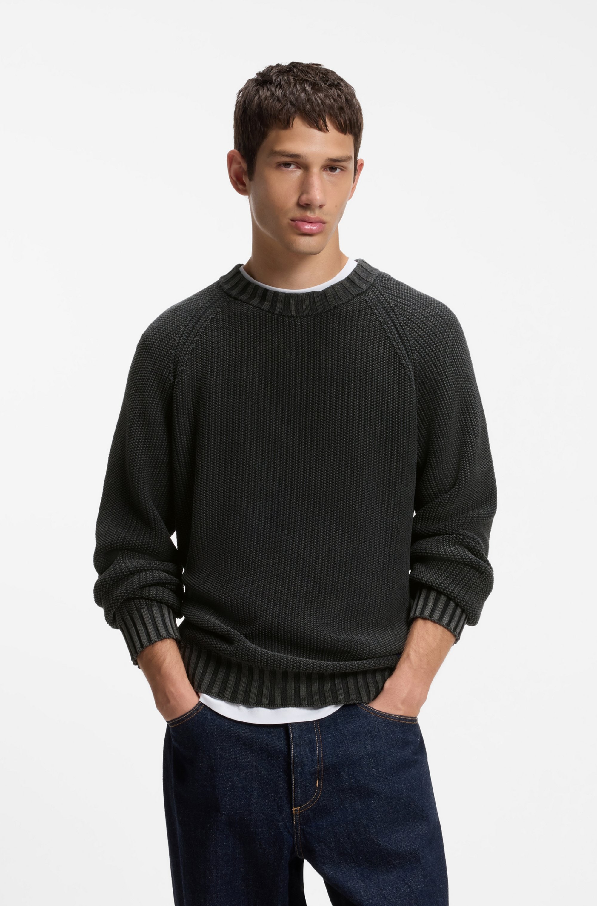 HUGO Strickpullover "Sondye" Strukturierter Rippenstrick aus reiner Baumwolle, Relaxed Fit