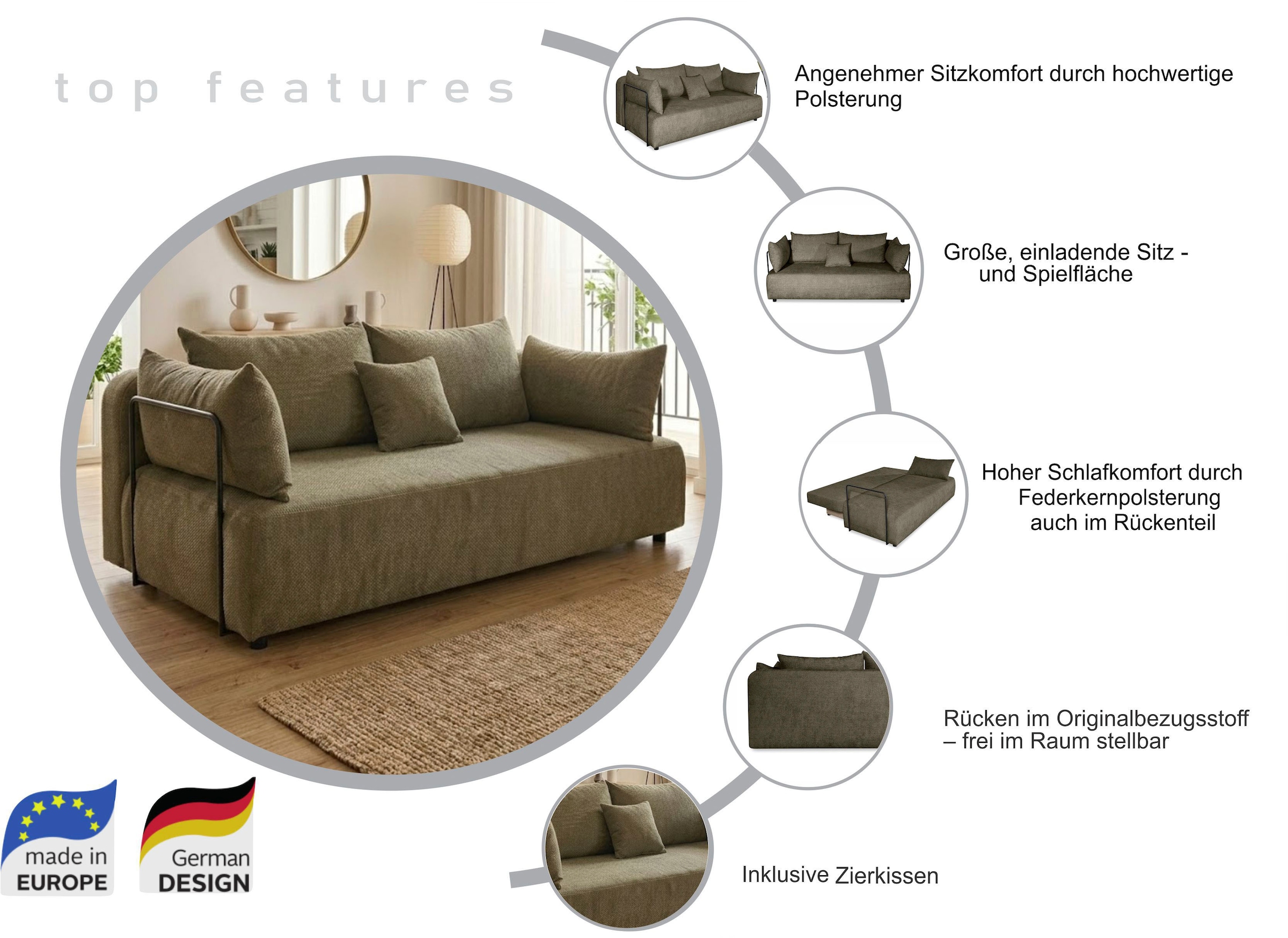 COLLECTION AB Schlafsofa »Maria, B: 191 cm, Liegefl. 143x190 cm« Schlaffunktion,Bettkasten,Bonnelfederkern,Moderne Armlehnen aus Metall
