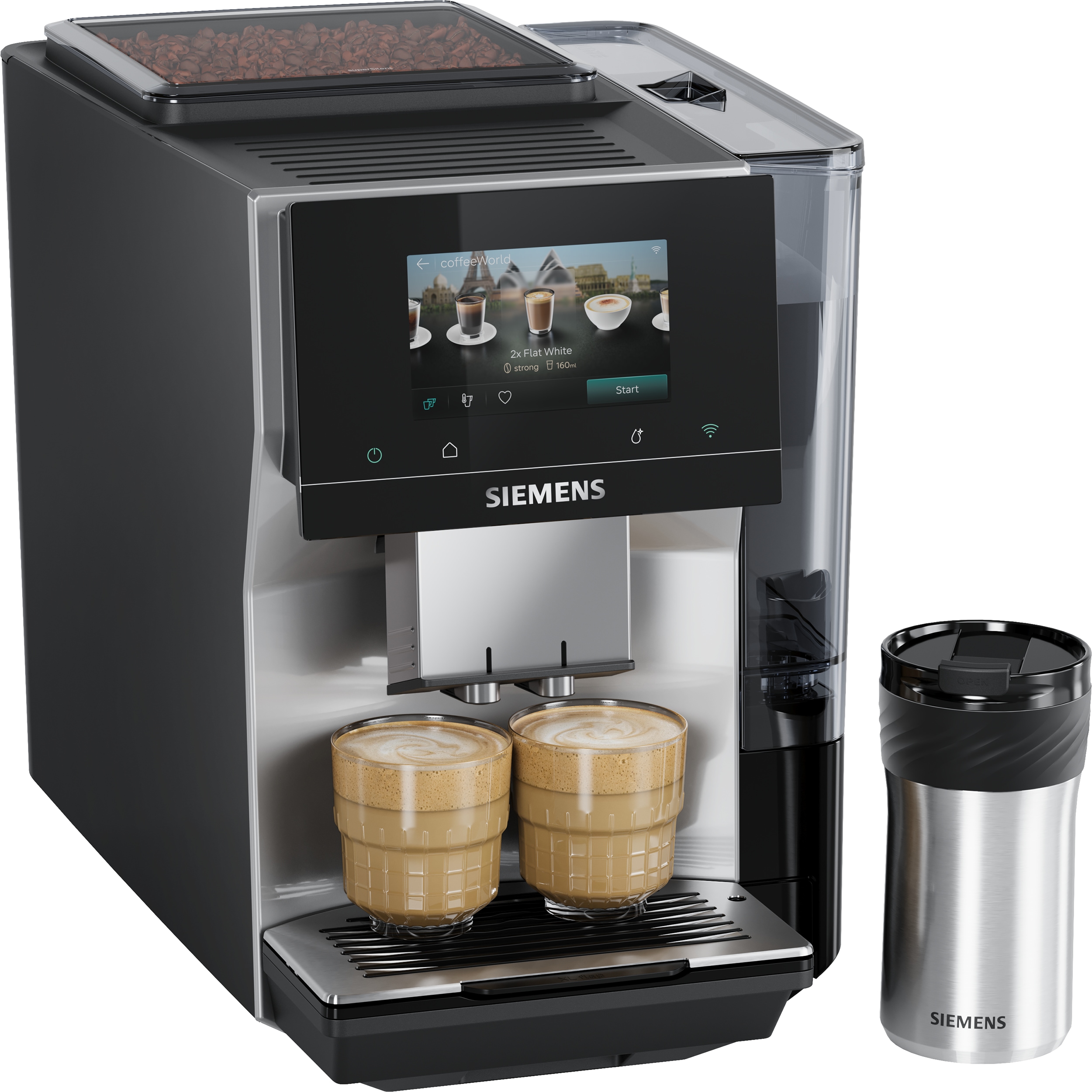 SIEMENS Kaffeevollautomat "EQ700 TP725ET7, inkl. Thermo-Kaffeebecher, XL-Getränke, 20 Favoriten" farbiges Full-Touch-Display, Doppeltassenfunktion, sehr leise, silber