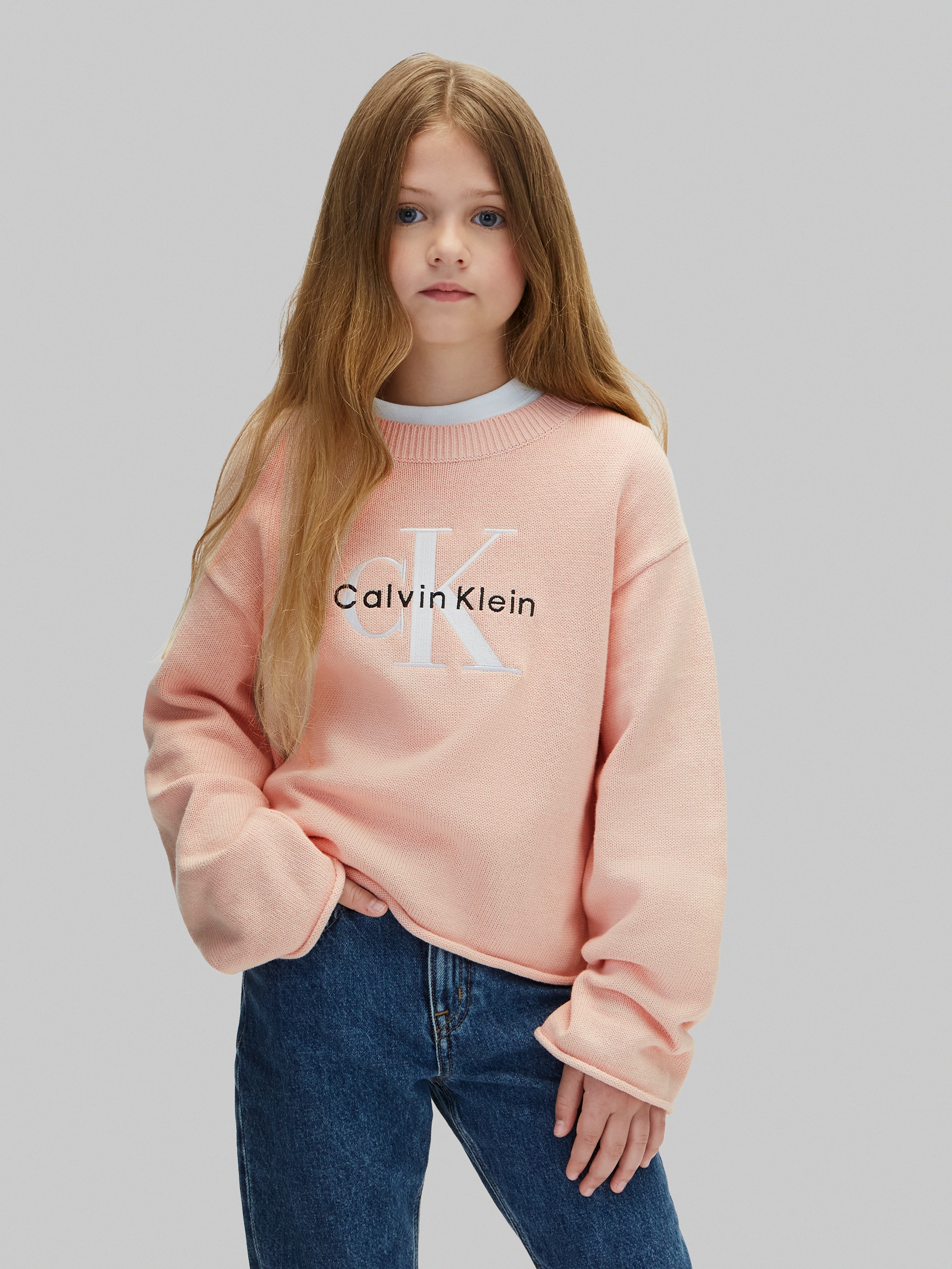 Calvin Klein Jeans Strickpullover Rundhalsausschnitt, Regular Fit, große Stickerei