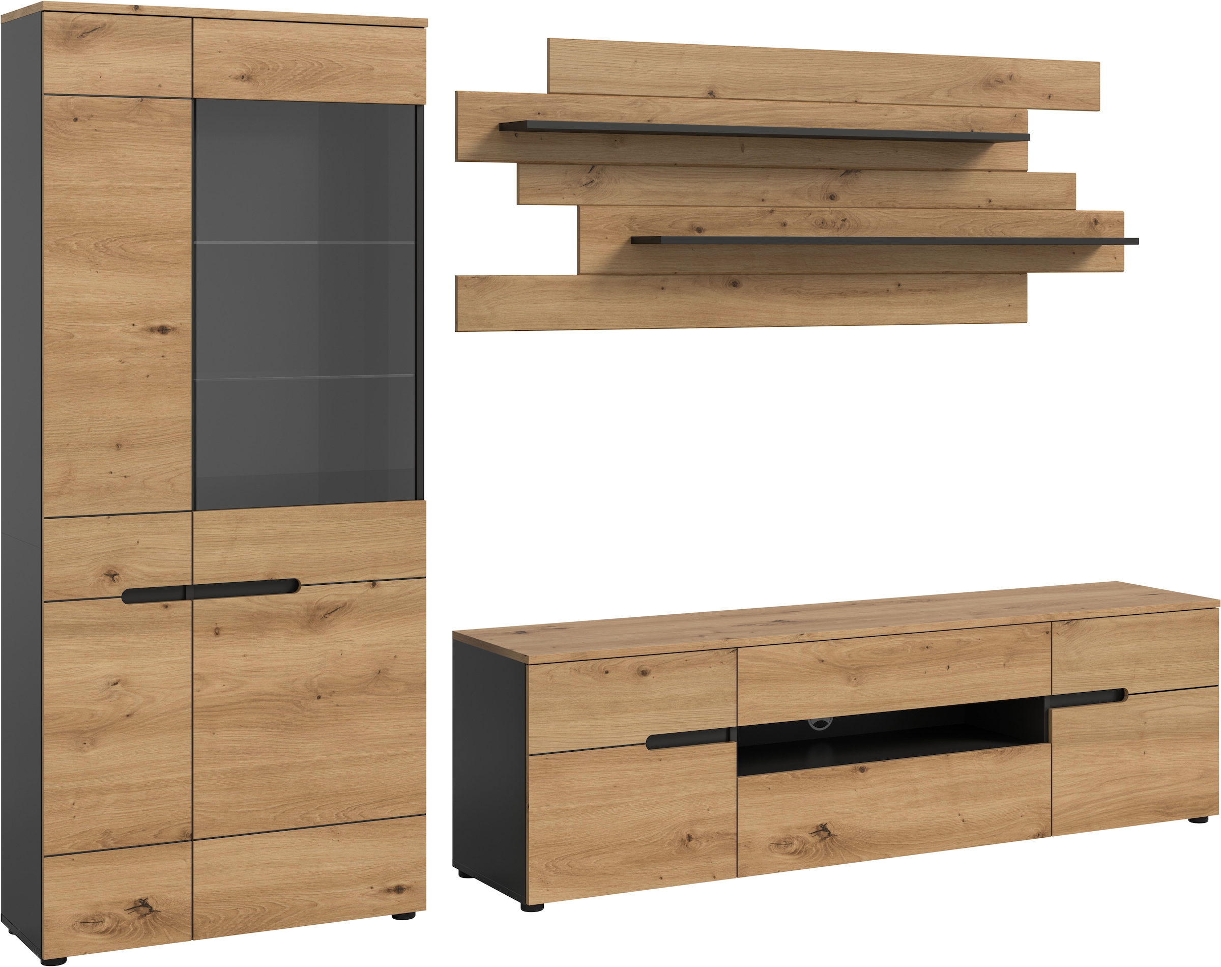 INOSIGN Wohnwand »REHAT, TOPSELLER!, 3-teilig, Breite 280 cm, individuell stellbar«, (3 St., Set bestehend aus: Vitrine, Lowboard und Wandboard), Kombination, Anbauwand, Set, Wohn-Set, Wohnzimmer-Set, Schrankwand