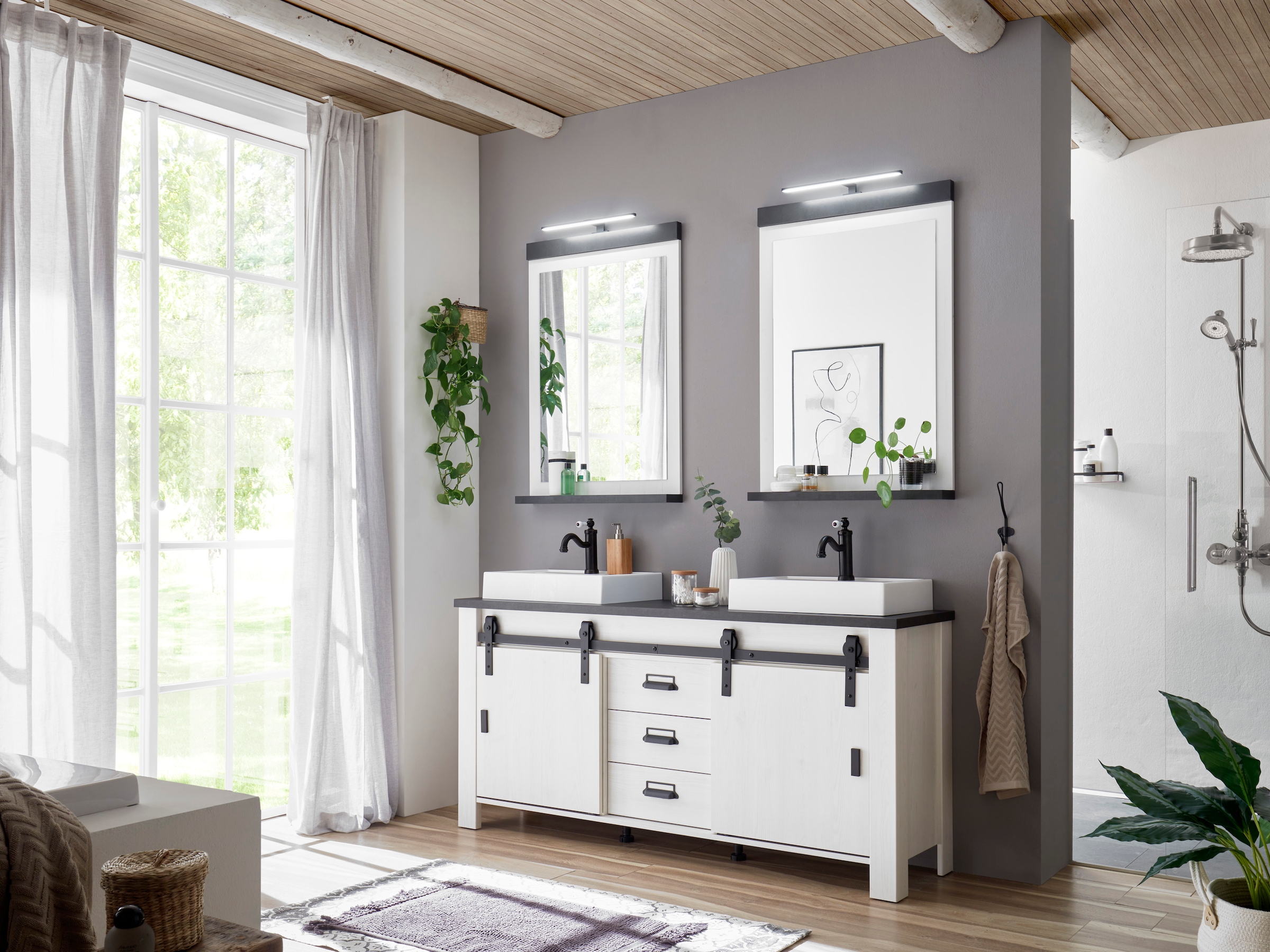 Home affaire Badmöbel-Set »SHERWOOD, Bad im modernen Design, 3-teiliges Badezimmer«, (3 St.), in 2 Farben verfügbar, Scheunentorbeschlag & Apothekergriff aus Metall