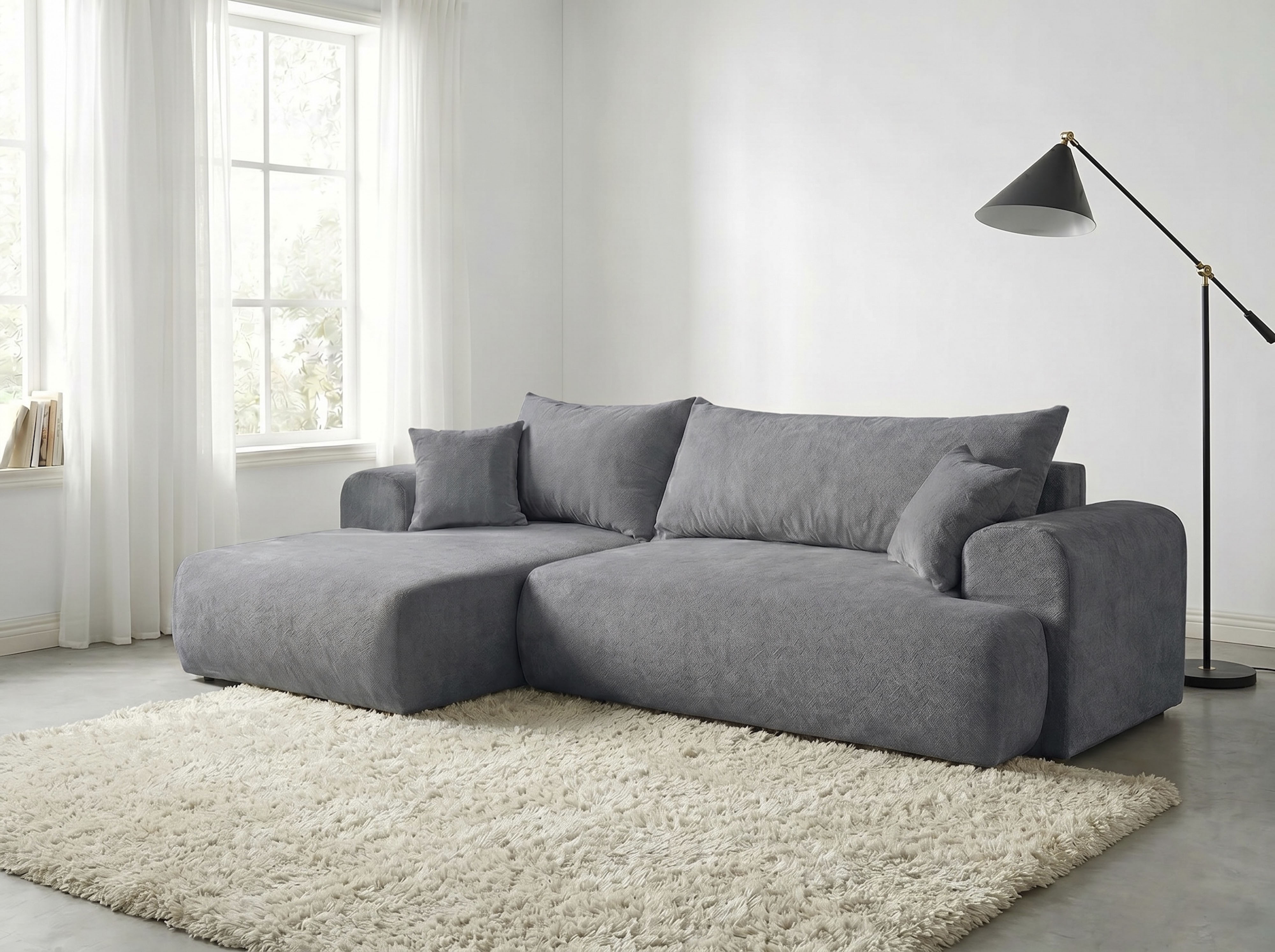 WERK2 Ecksofa "Ewela 265 x 145 cm modern und bequem" Bouclé, L-Form, Schlaffunktion, Bettkasten