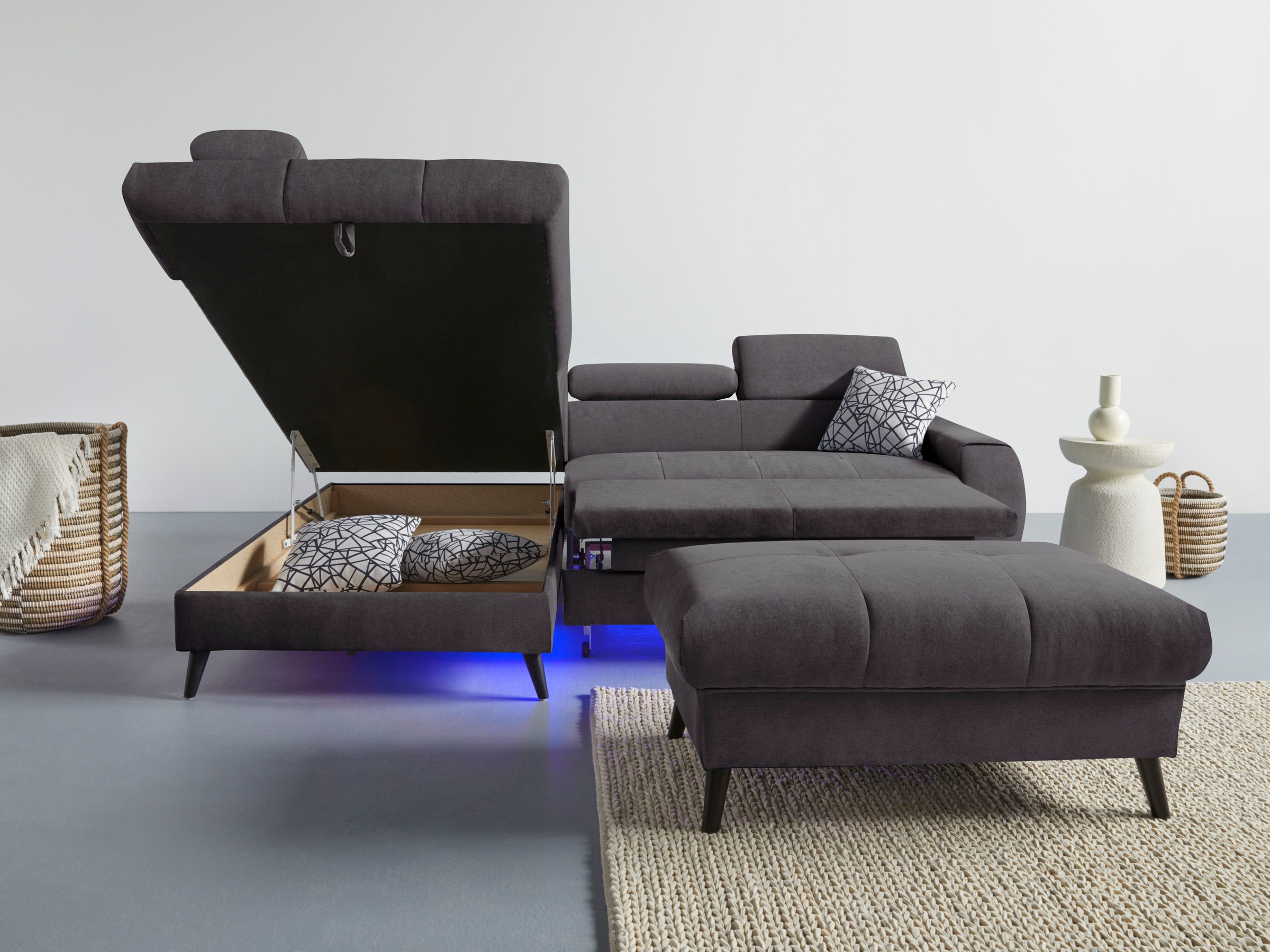 COTTA Ecksofa »Mia L-Form mit 3 Zierkissen«, wahlweise mit Bettfunktion, Bettkasten, Beleuchtung & Wireless-Charger