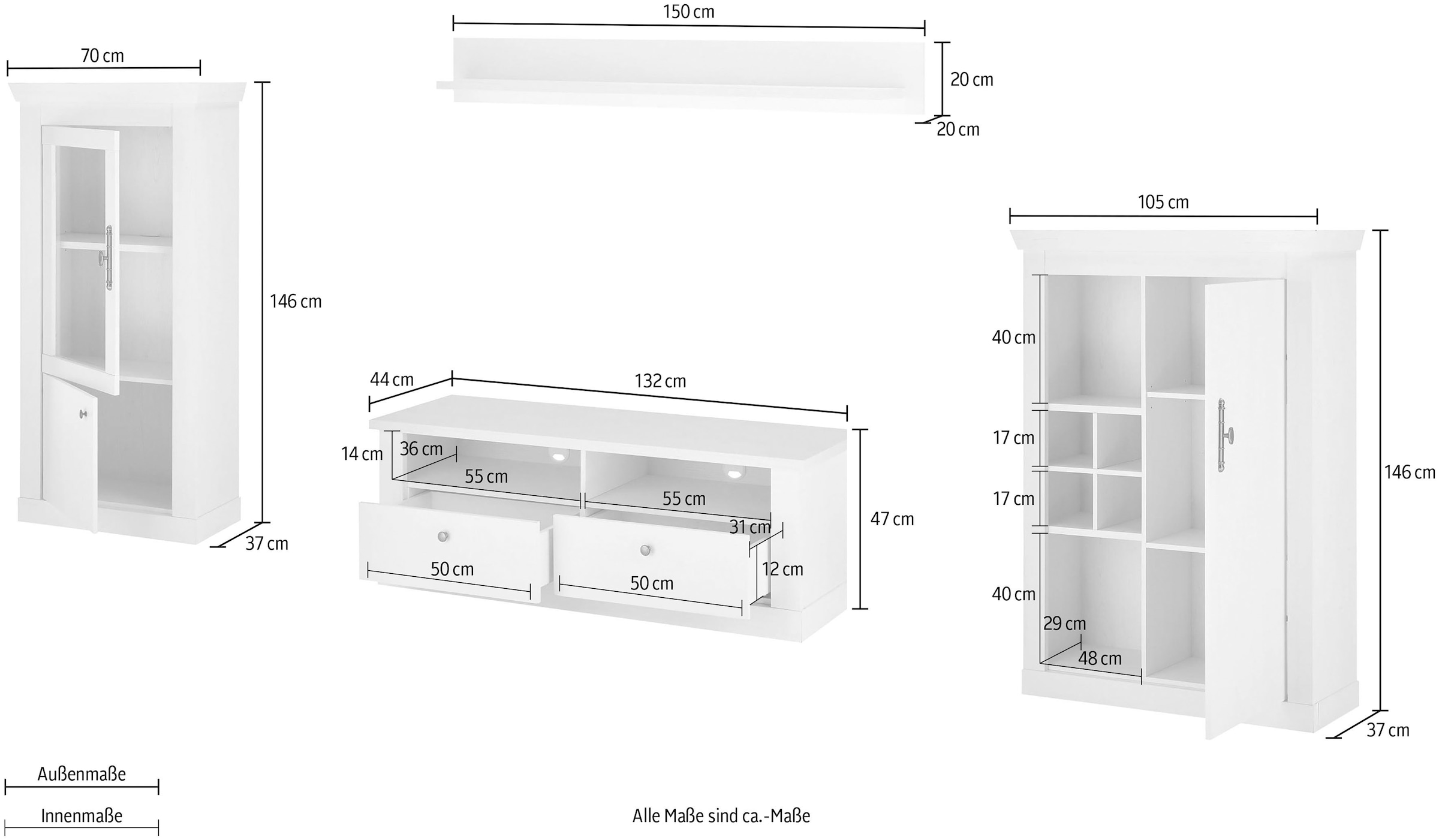 Home affaire Wohnwand »RAVENNA«, (4 St.), im romantischen Landhausstil, Griffe aus Metall, Softclose-Funktion