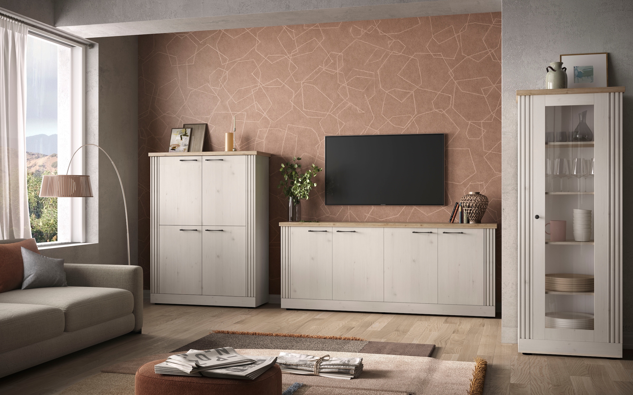 Home affaire Vitrine »Country Höhe 192 cm, Hochschrank mit 1 Tür, Anrichte, Standvitrine«, im Landhausstil, viel Strauraum, mit Metallgriff, MDF Rahmen