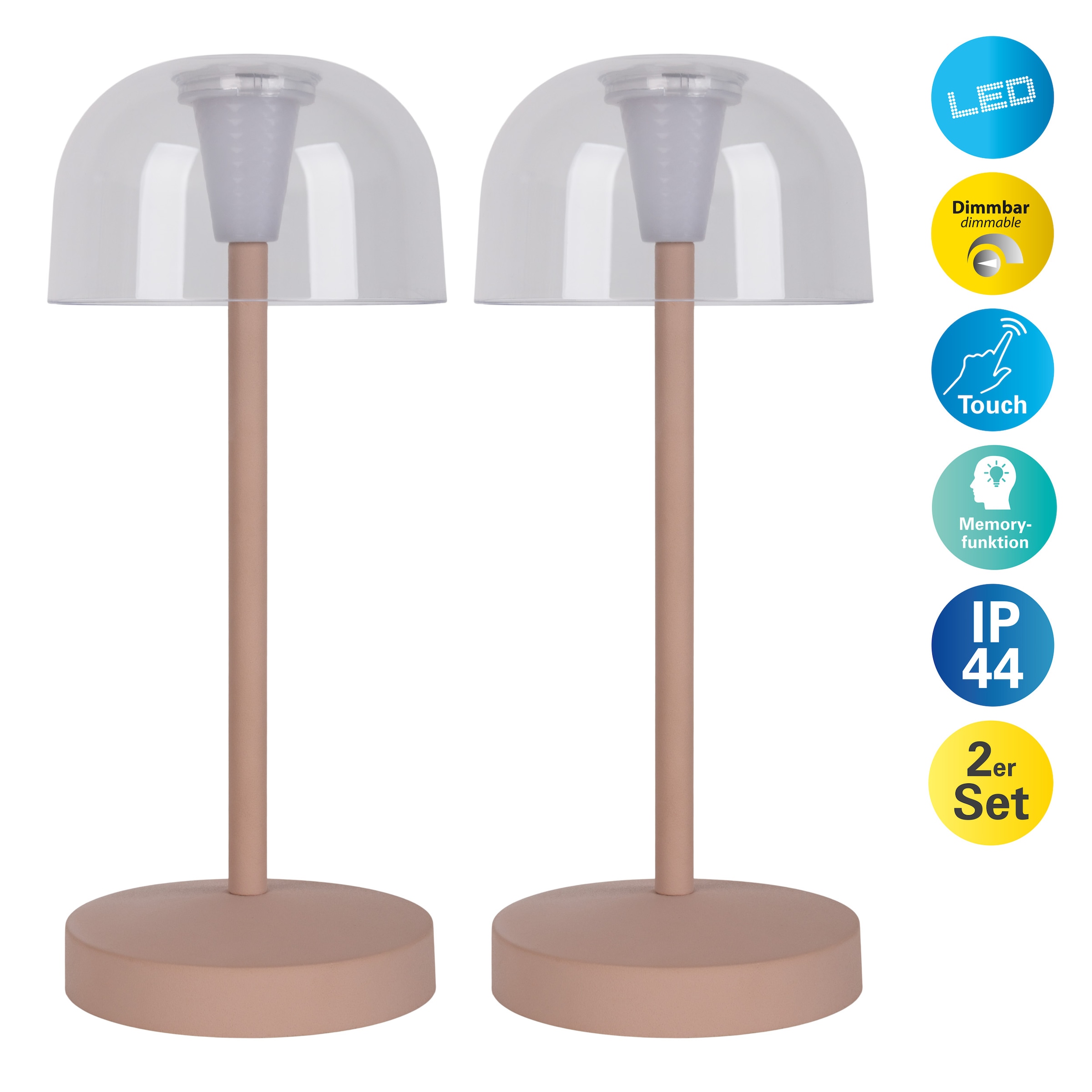 NÄVE LED Tischleuchte "Gomba 18,5 cm", 1, Ø 8cm H: 18,5cm, 2 Stk., grau, Leuchten, 2er Set, aufladbar, USB Kabel, Memoryfunktion, stufenlos dimmbar