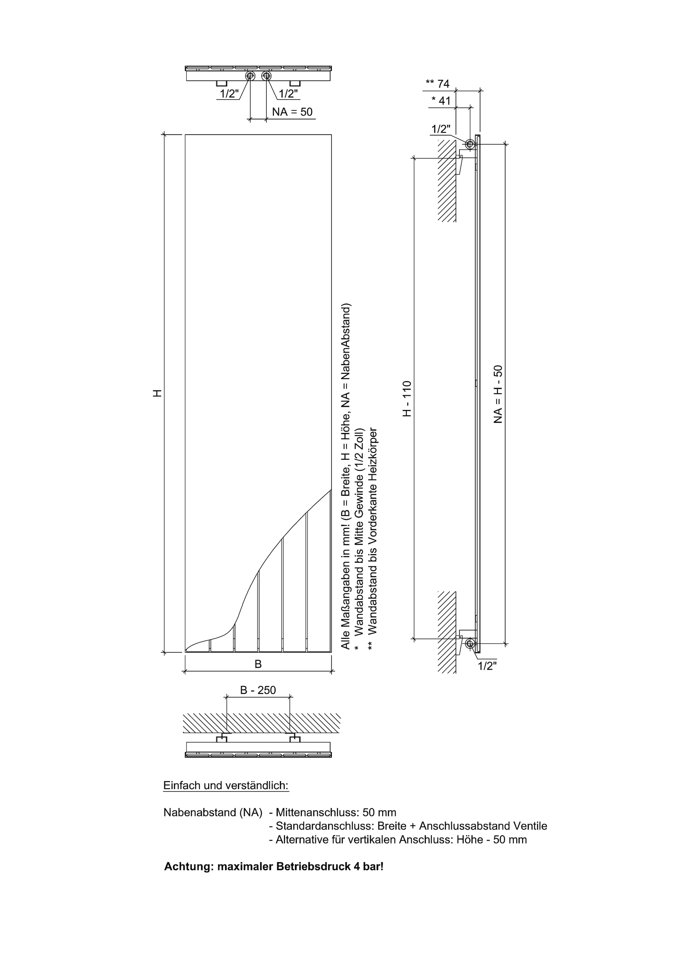 Raumheizkörper „P1“, 1800 x 595 mm, 1144 Watt, Weiß