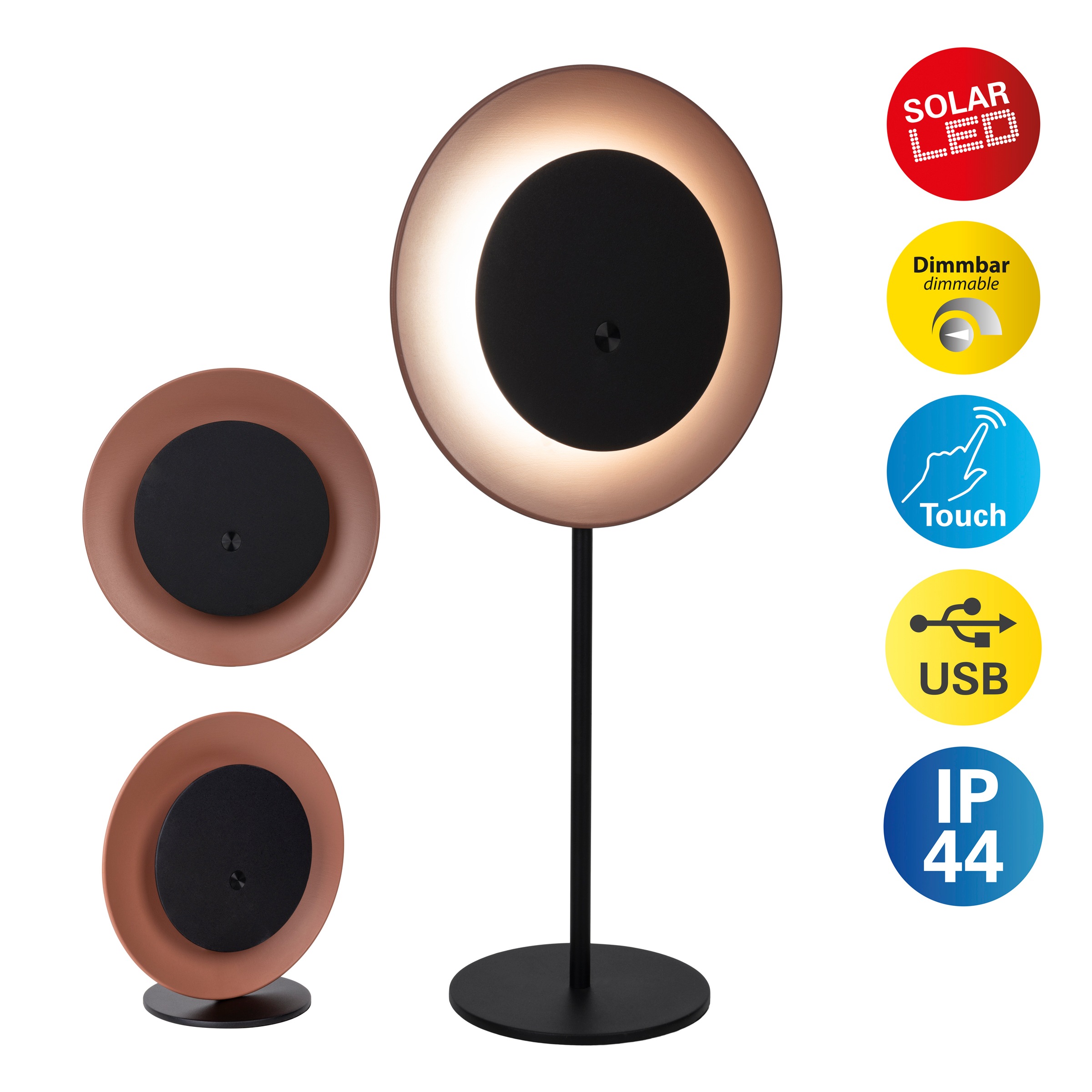 LED Solarleuchte NÄVE, B:11,8cm H:41,5cm L:20cmbraun, Garten, Leuchten, "Solan", 4in1 Akku-Solar-Tisch-Hängeleuchte, Touchschalter, USB, dimmbar