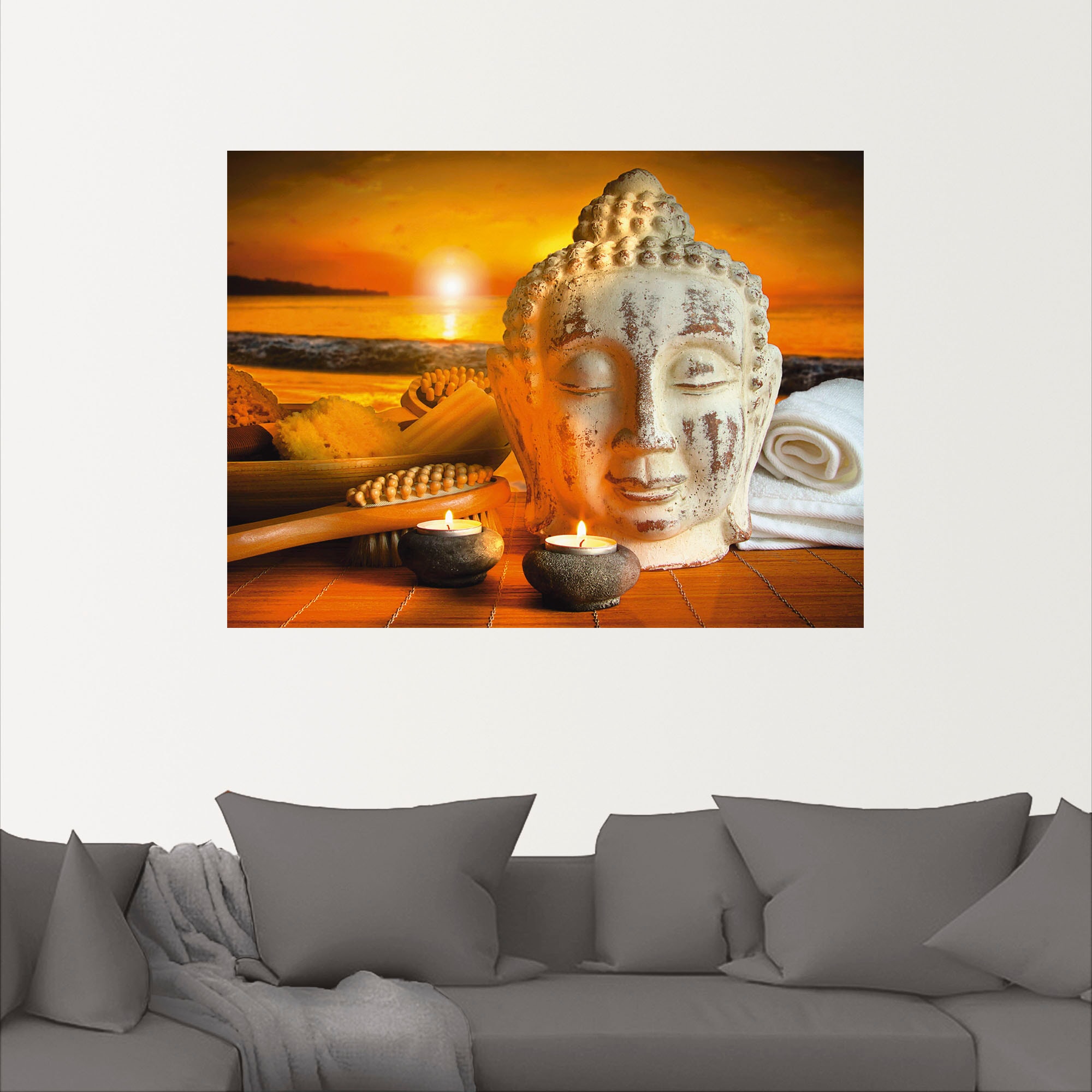 Artland Wandbild »Bad-Zubehör mit Buddha-Statue«, Religion, (1 St.), als Alubild, Outdoorbild, Leinwandbild, Wandaufkleber, versch. Größen