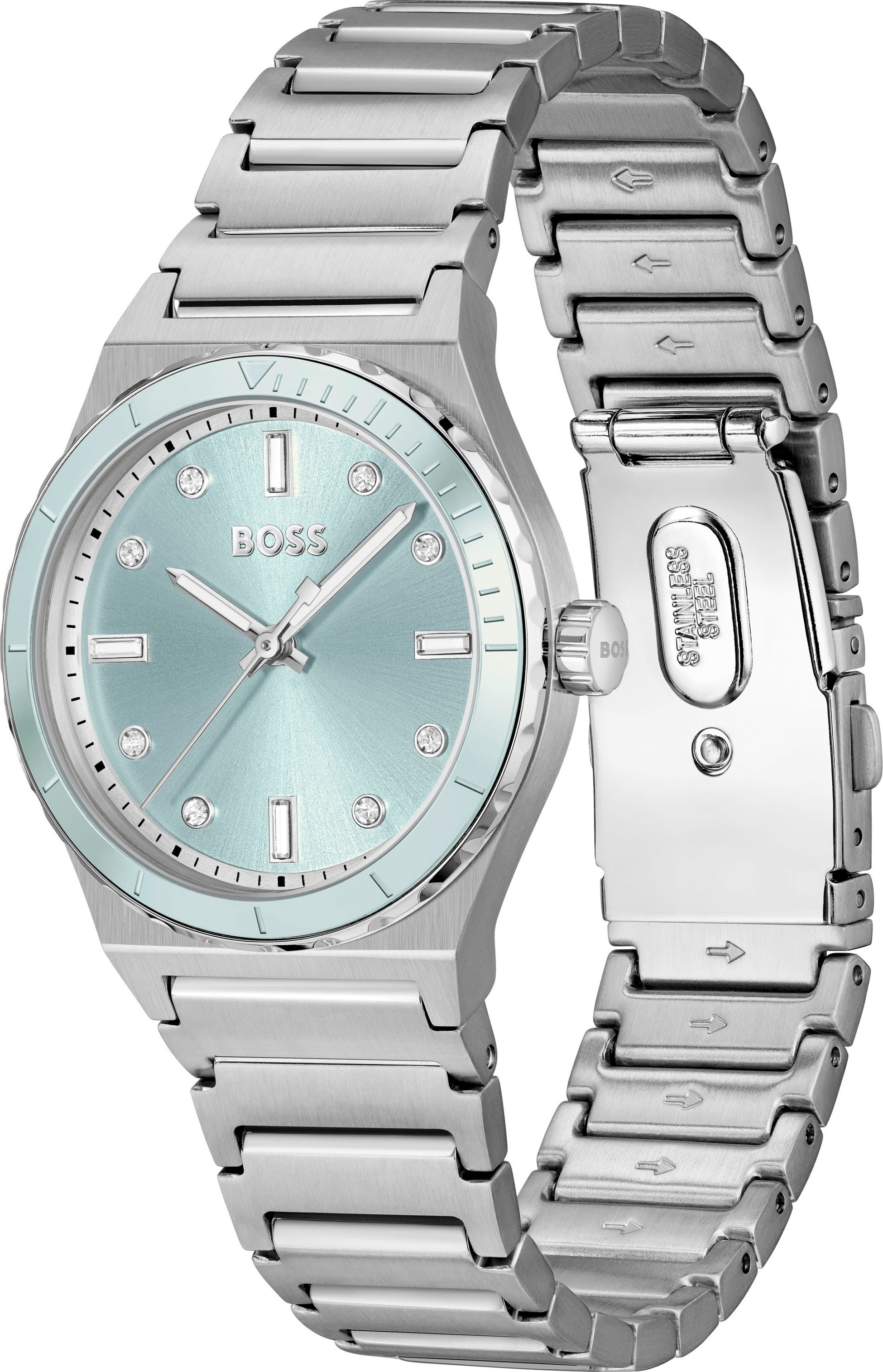 BOSS Quarzuhr »CANDOR LADIES SPORT«, Armbanduhr, Damenuhr, Edelstahlarmband, analog, Glassteine