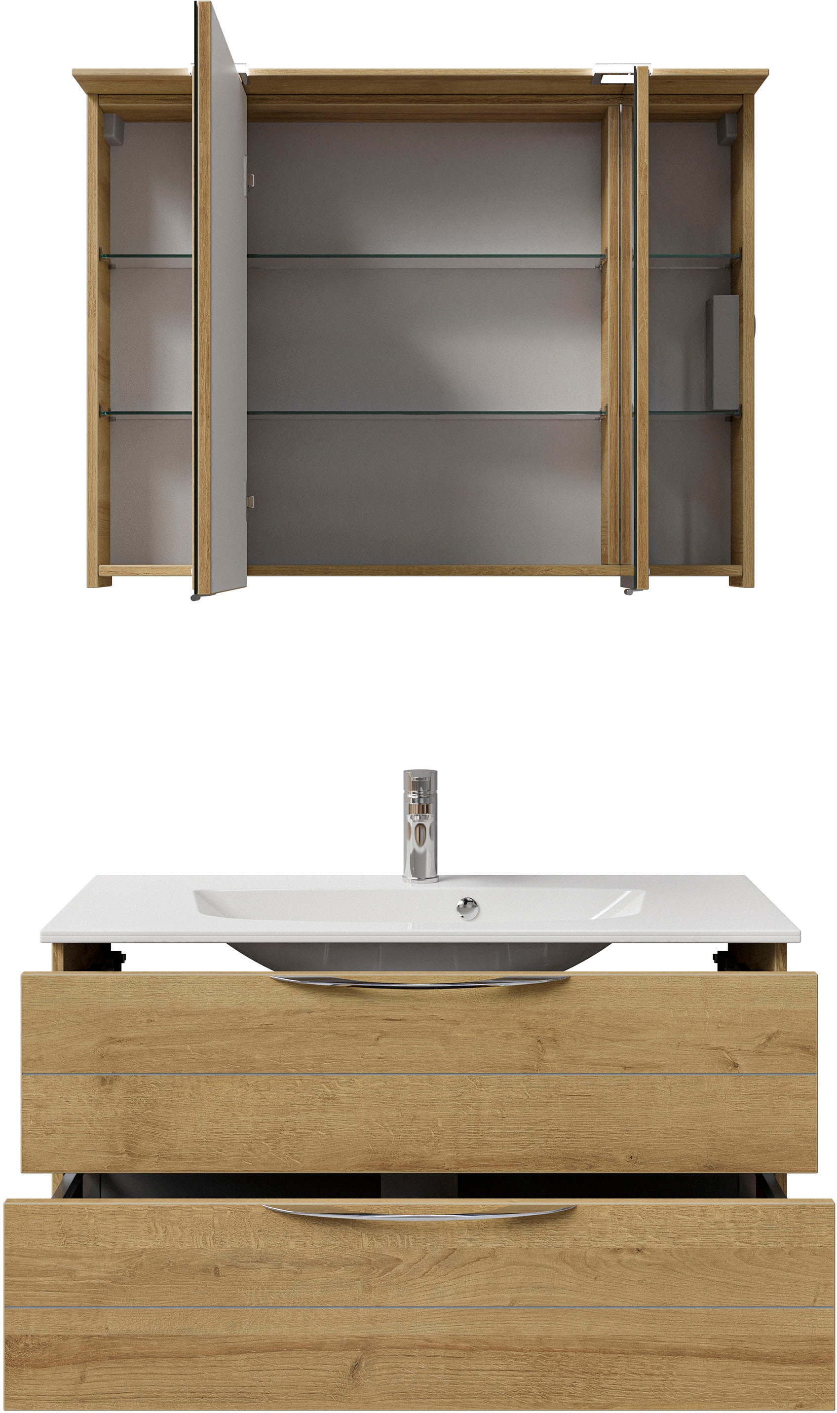 Saphir Badmöbel-Set »Serie 6025 2-teilig Mineralmarmor-Waschtisch mit LED-Spiegelschrank«, (2 St.), Waschplatz 97 cm breit, 2 Schubladen, 3 Spiegel-Türen, inkl Türdämpfer