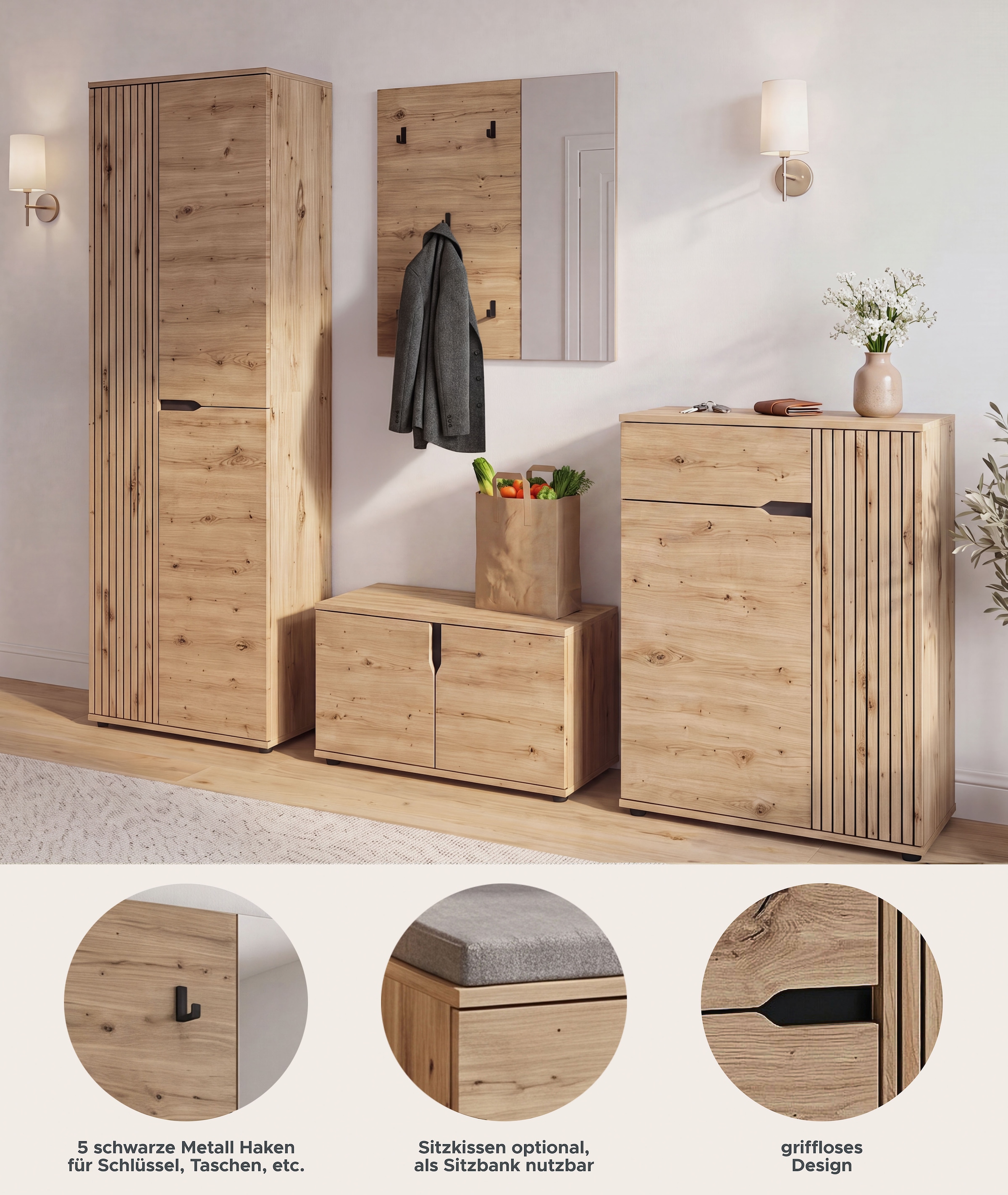 OTTO home Garderoben-Set »FJELL, 4-teilig, Breite 255cm, Front mit hochwertiger Längsfräsung«