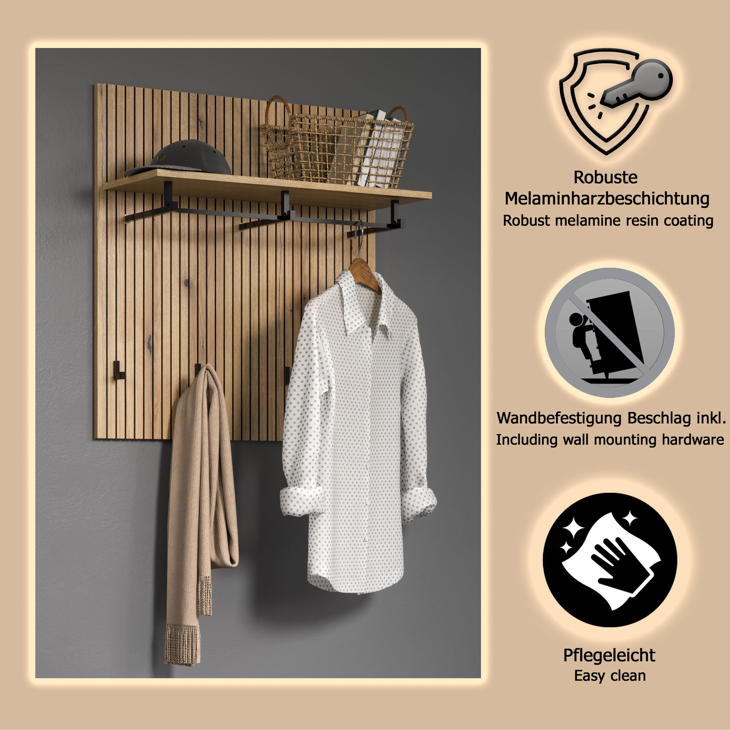 Thumbnail - Home affaire Garderobenpaneel "Amrum" 1 Stk. tlg. Wandpaneel mit Ablage, 1 Kleiderstange & 4 Haken - (B/T/H) 80/28/84 cm