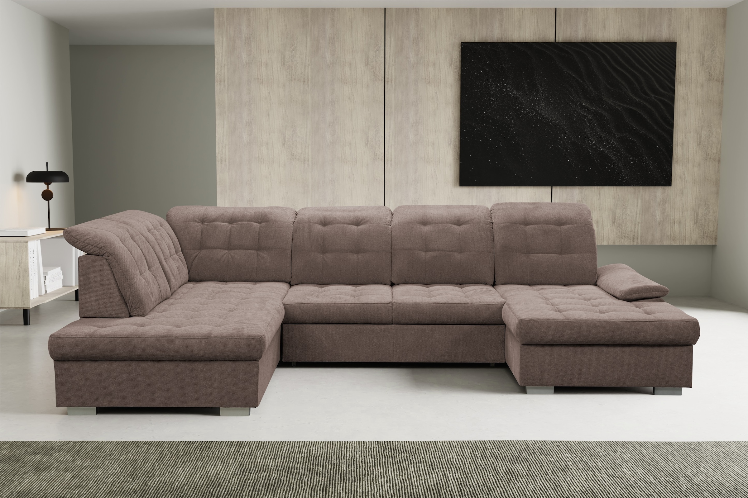 WERK2 Wohnlandschaft "Kordula-New 332 x 217 cm Multifunktion Couch modern und bequem" Luxus-Microfaser Chenille, U-Form, XXL, Sitztiefenverstellung