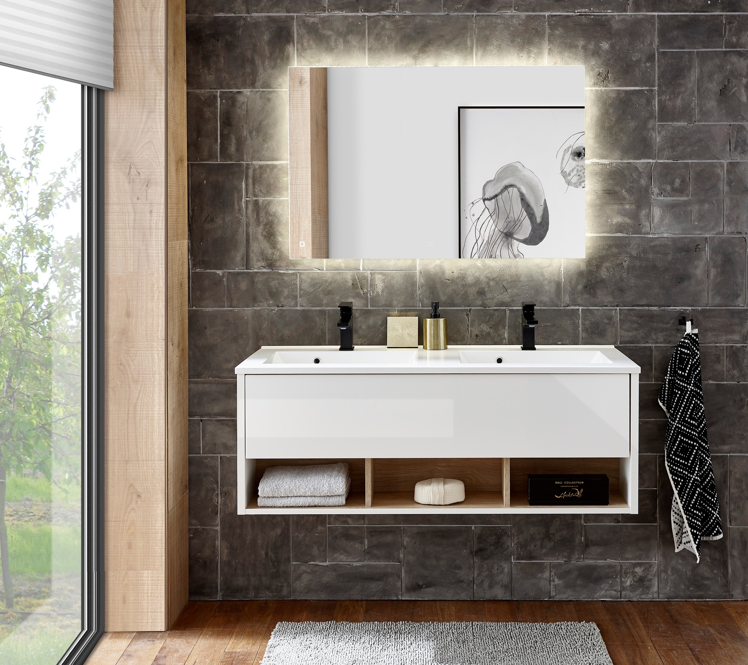 Places of Style Badmöbel-Set »Studio Line, Bad im modernen Design, 2-teiliges Badezimmer«, (2 St.), Waschtisch und Spiegel, in zwei Farben verfügbar, viel Stauraum