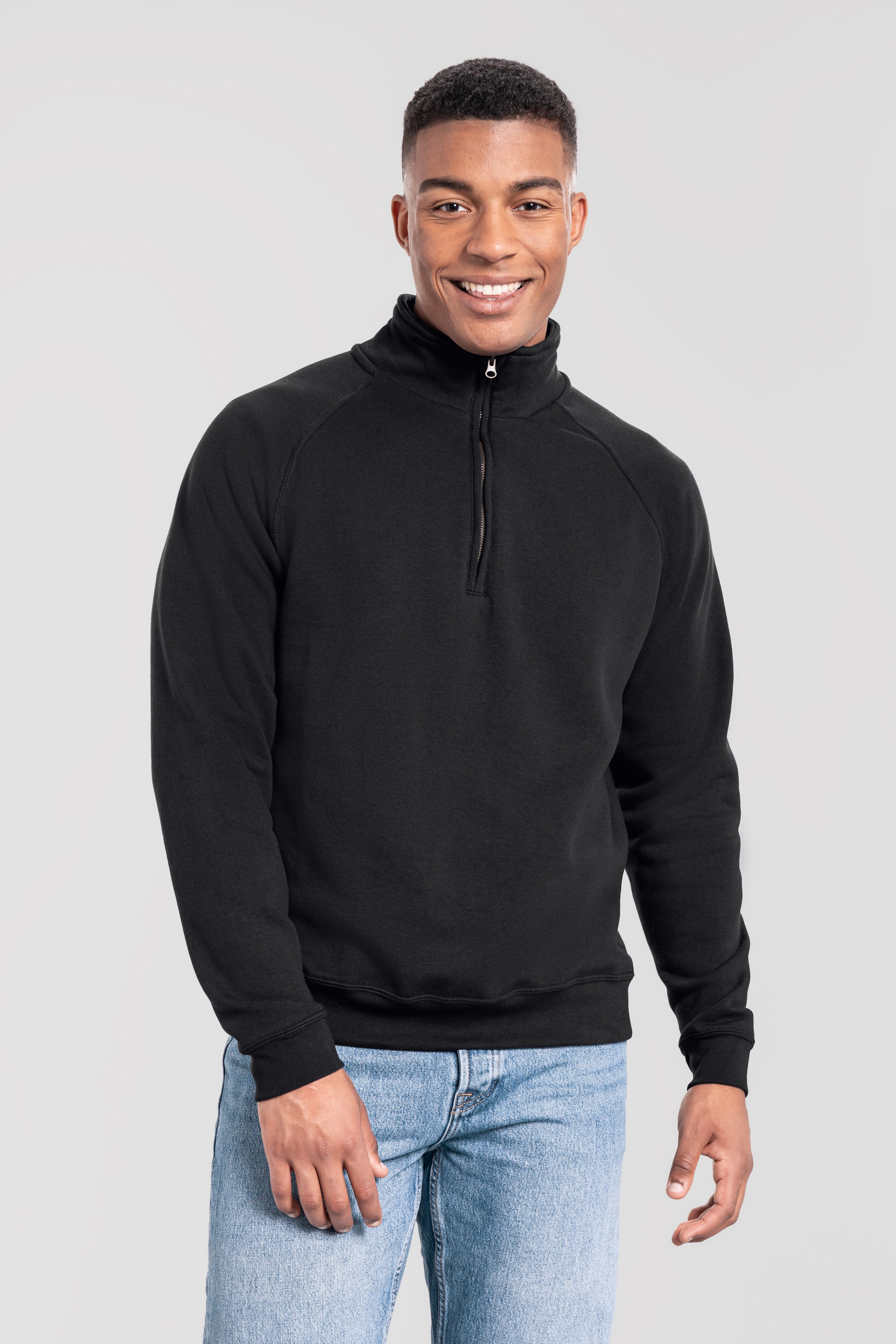 Fruit of the Loom "Iconic Premium Zip Neck Sweat", melierte Optik, aus Baumwolle und Polyester, in normaler Länge