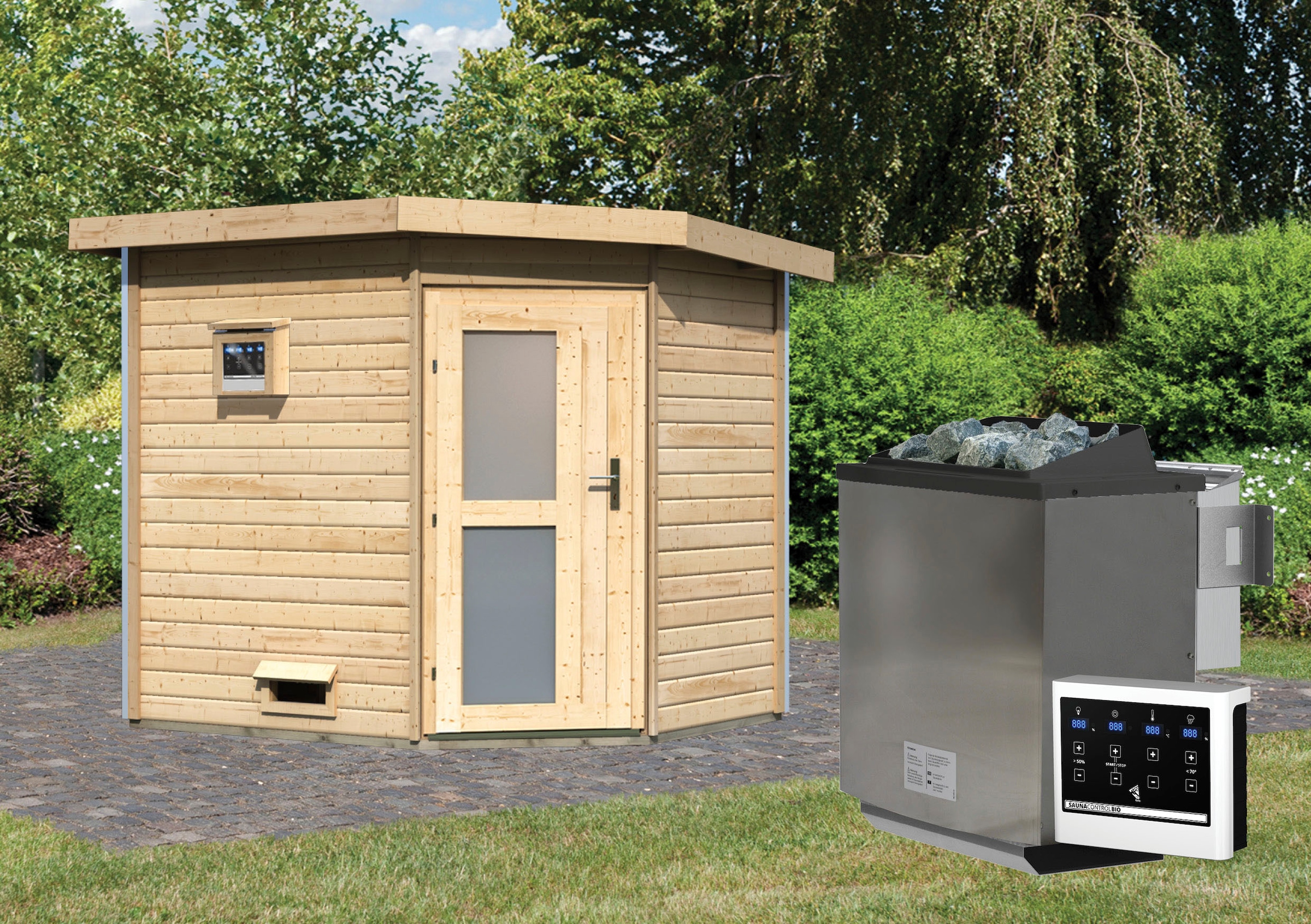 Karibu Saunahaus »Tore«, Milchglastür, Ofen 9 kW Bio externe Strg easy