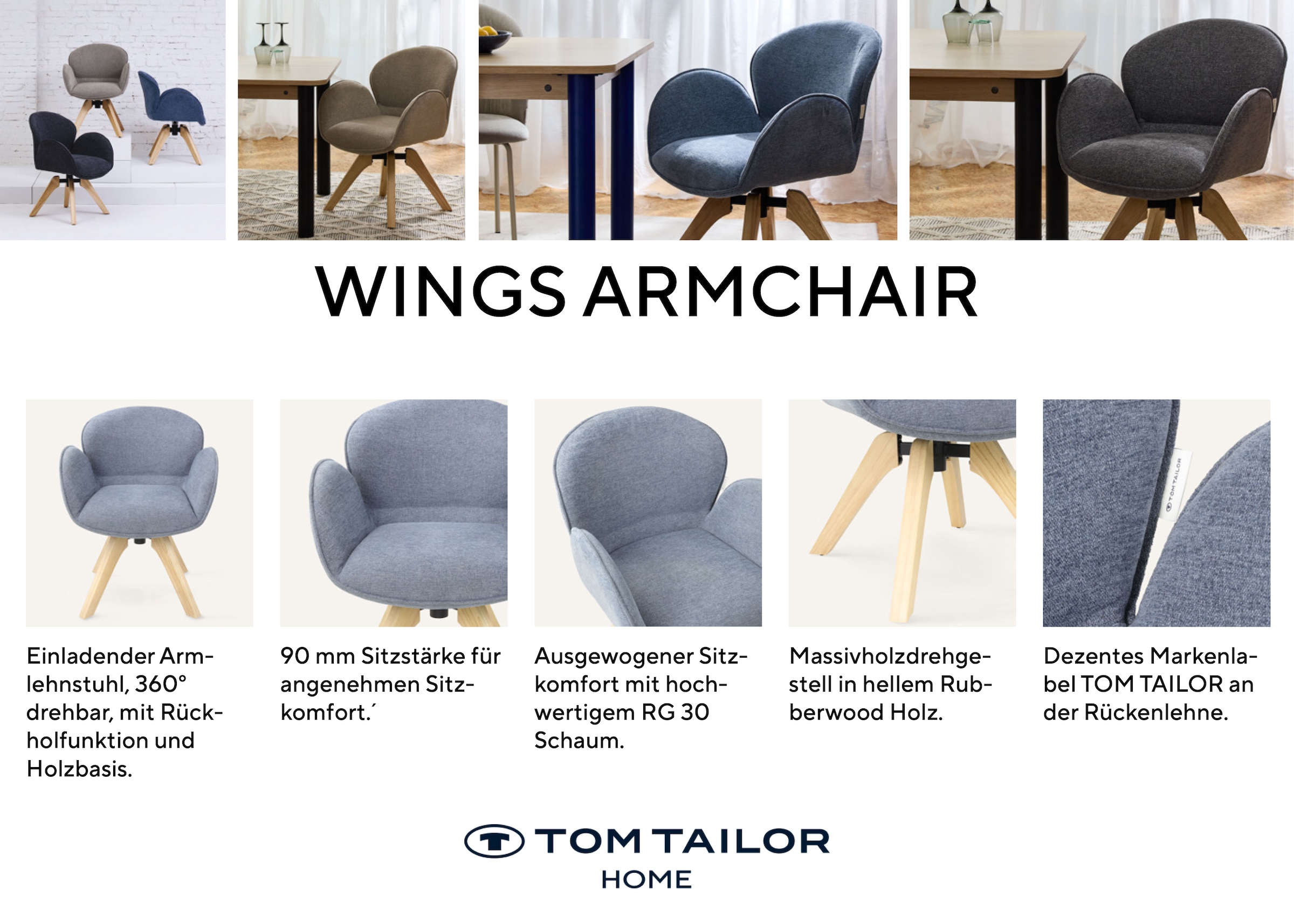 TOM TAILOR HOME Armlehnstuhl »WINGS ARMCHAIR« (Set) 2 Stk.mit Armlehnen, drehbar, Rückholfunktion, Massivholzgestell