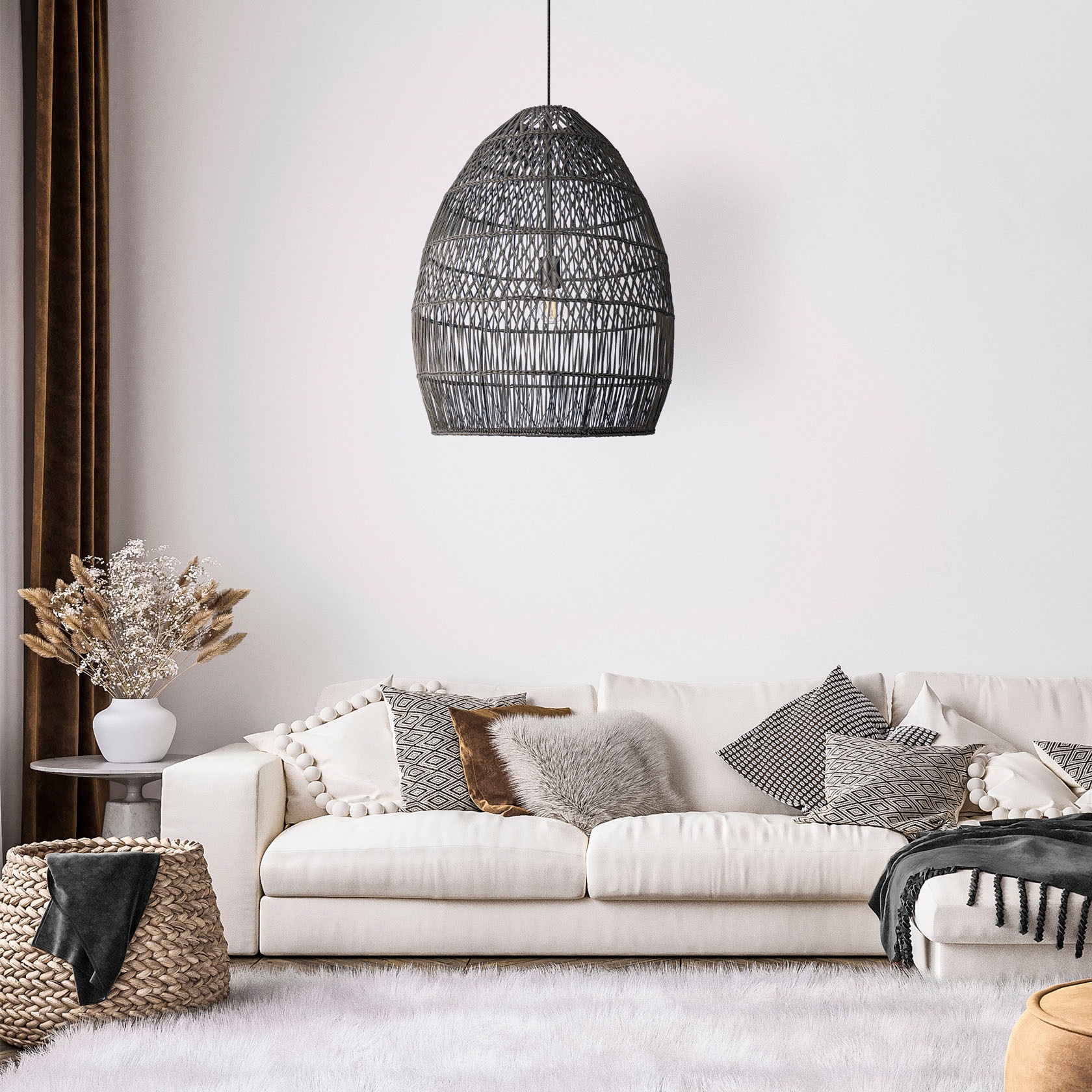 Pendelleuchte Rattan Pendelleuchte BAUR Korb Home E27 Natur Paco Boho Rustikal »VIHMO«, Wohnzimmer LED |