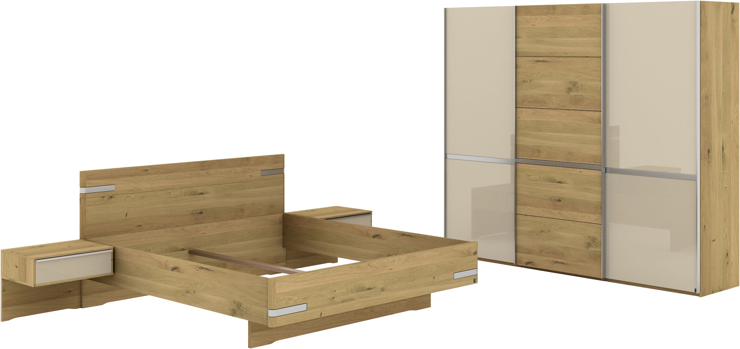Musterring Schlafzimmer-Set »Savona, Kleiderschrank, Bett & Nachtkommoden, teilmassiv Bianco-Eiche«, (2er-Set Nachtschränke, Schwebetürenschrank, Bett 180x200 cm), Eiche- und Glastüren, Kopfteil Eiche, Konsolen Glasfront, Höhe 217cm