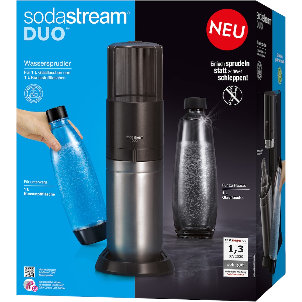 SodaStream Wassersprudler »DUO«, (Set, 4 tlg.), CO2-Zylinder, 1L Glasflasche, 1L spülmaschinenfeste Kunststoff-Flasche