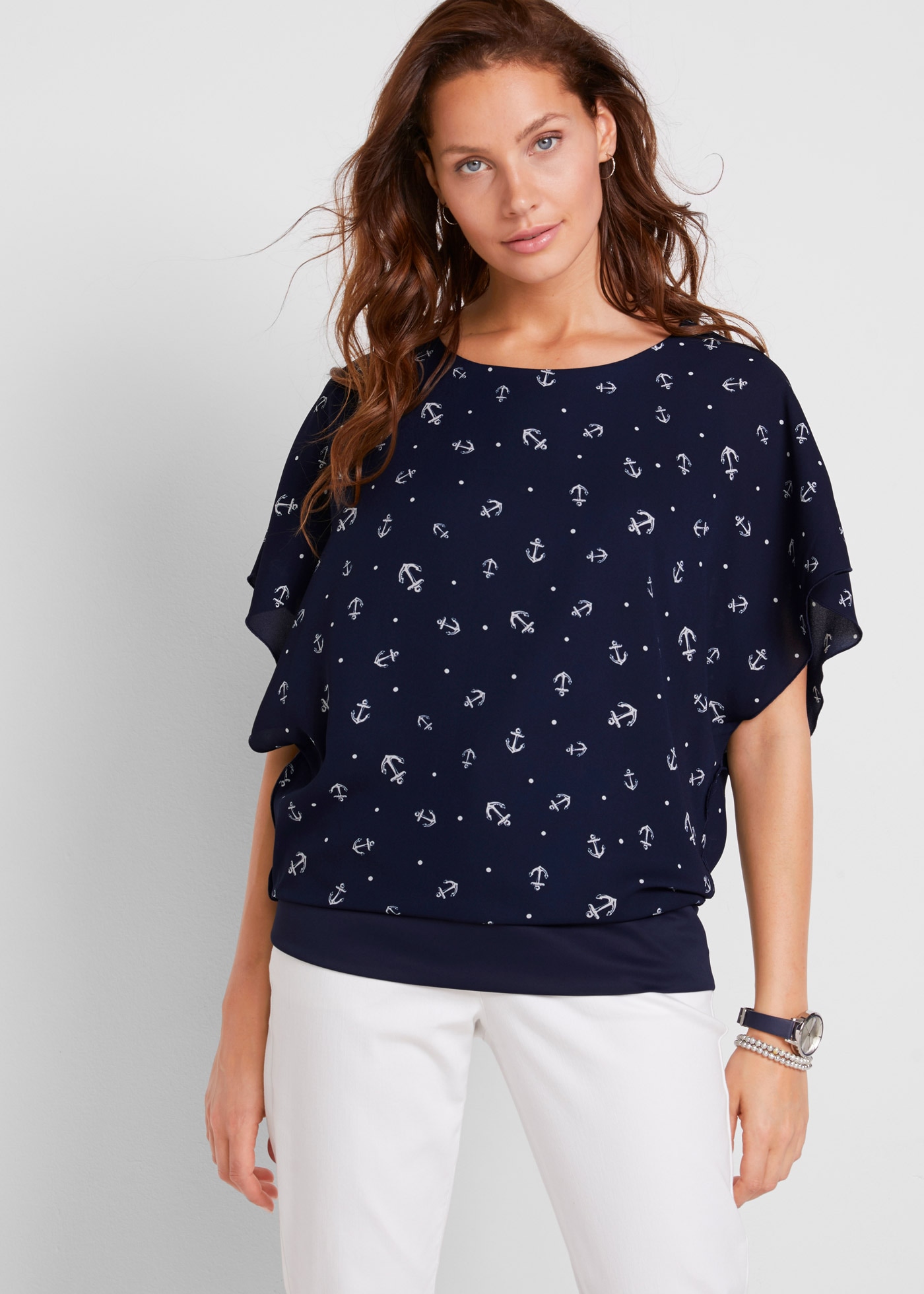 bonprix Shirtbluse lockere Passform, maritimer Allover-Print, angesetztes Taillenbündchen
