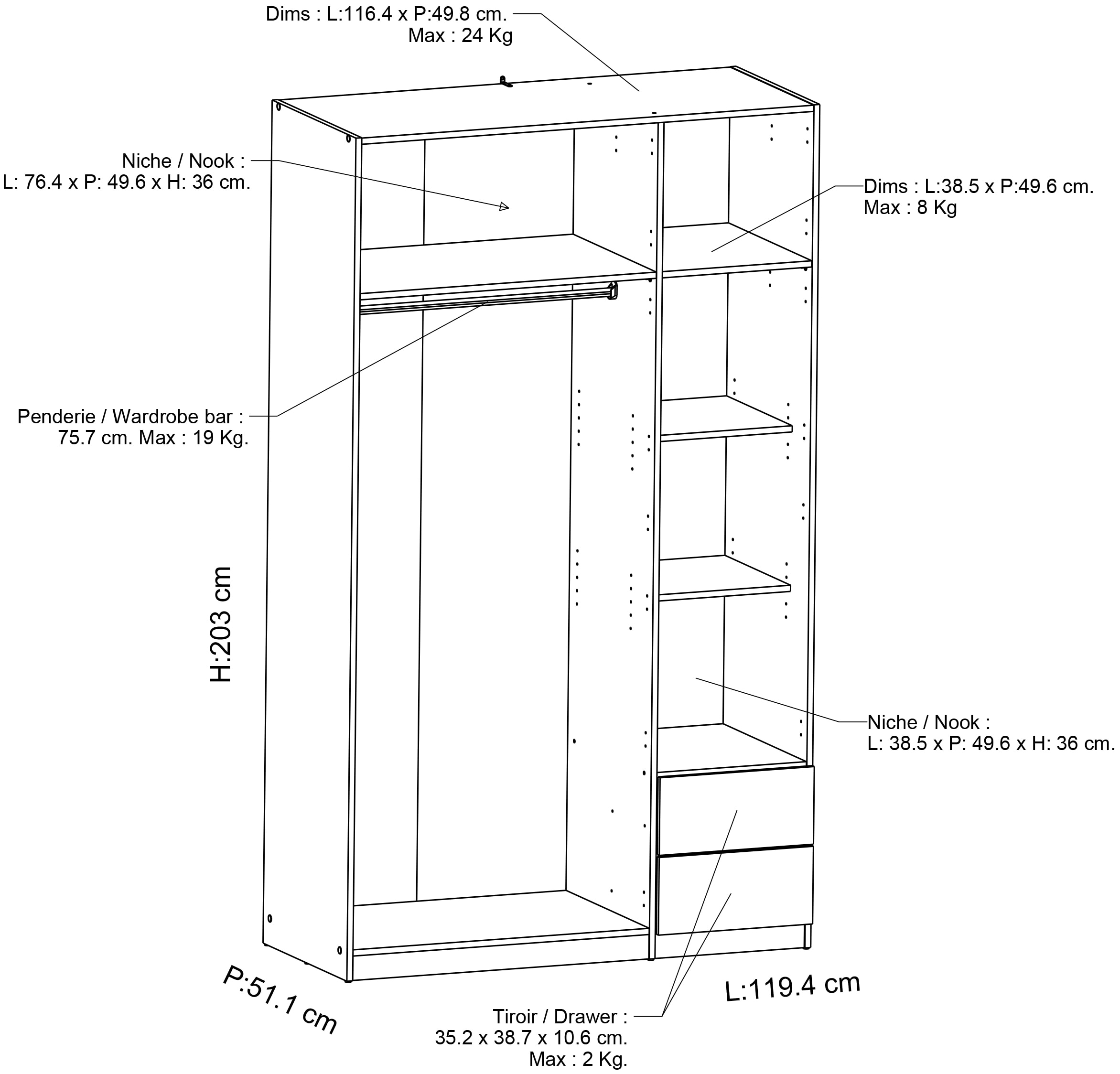 Demeyere GROUP Drehtürenschrank »Kinderkleiderschrank,6-Türen,2 Schubladen,ca.120cm breit,ca.200cm hoch«, viel Stauraum, mit Innenaustattung