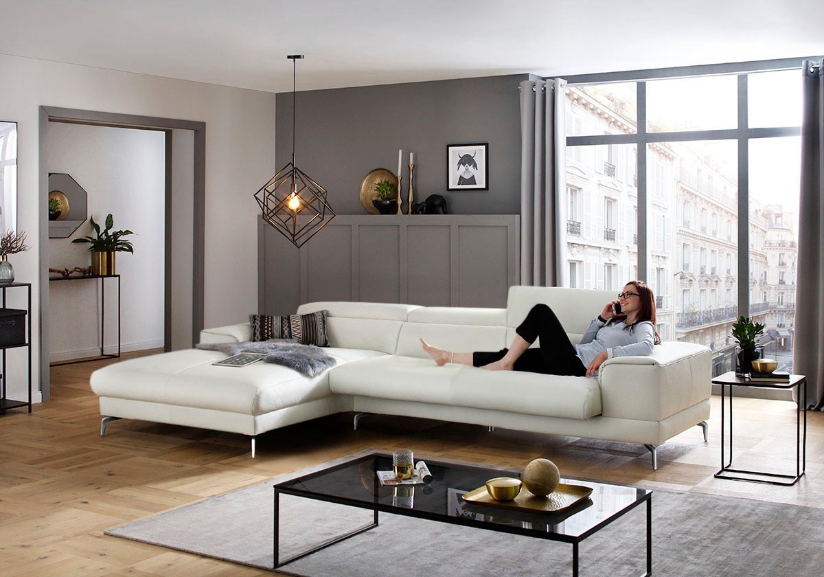 W.SCHILLIG Ecksofa »piedroo, Designsofa mit tollem Sitzkomfort, elegant und bequem, L-Form«, Kopfteilverstellung, wahlweise mit Sitztiefenverstellung, Breite 343cm