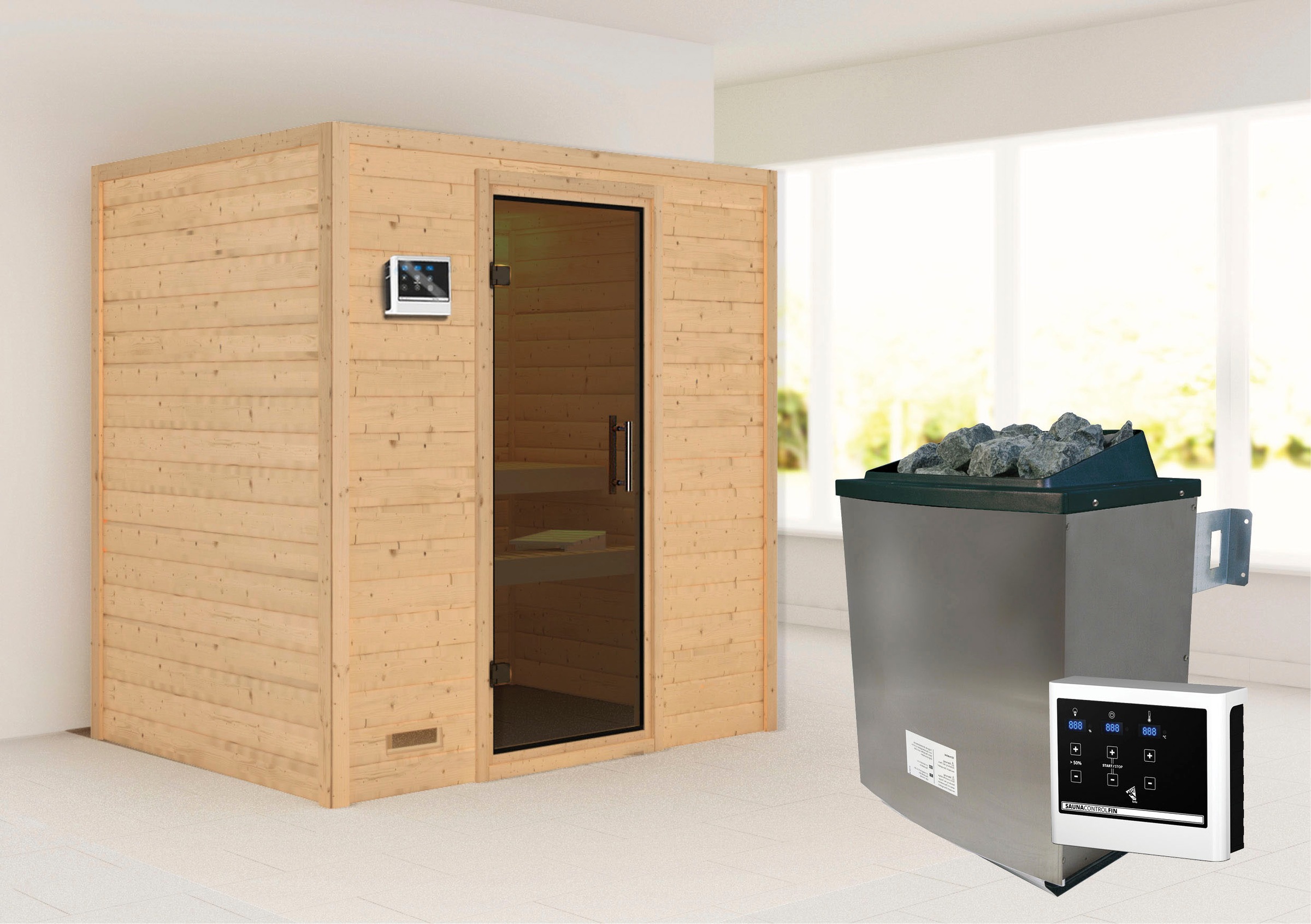 Karibu Sauna ""Sonja" mit graphitfarbener Tür Ofen 9 KW externe Strg modern"