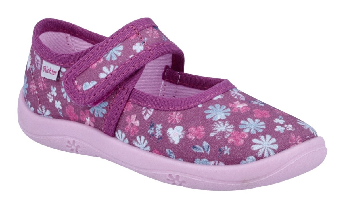 RICHTER Kinder Hausschuh "Mia WMS: Mittel", Gr. 28, rosa, Baumwolle, geblümt, Schuhe, Kindergartenschuhe mit WMS, Größenschablone zum Download