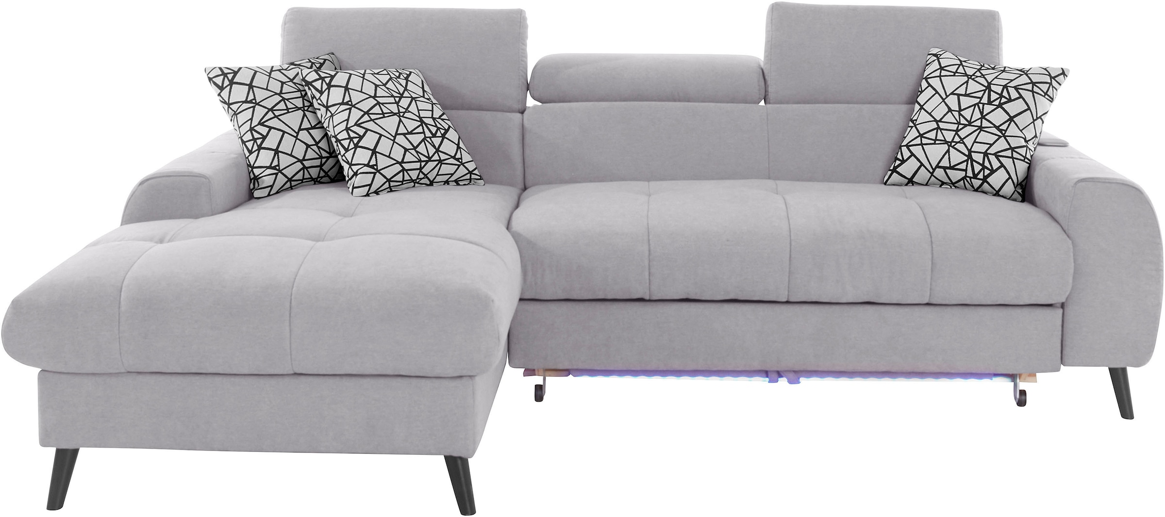 COTTA Ecksofa »Mia L-Form mit 3 Zierkissen«, wahlweise mit Bettfunktion, Bettkasten, Beleuchtung & Wireless-Charger