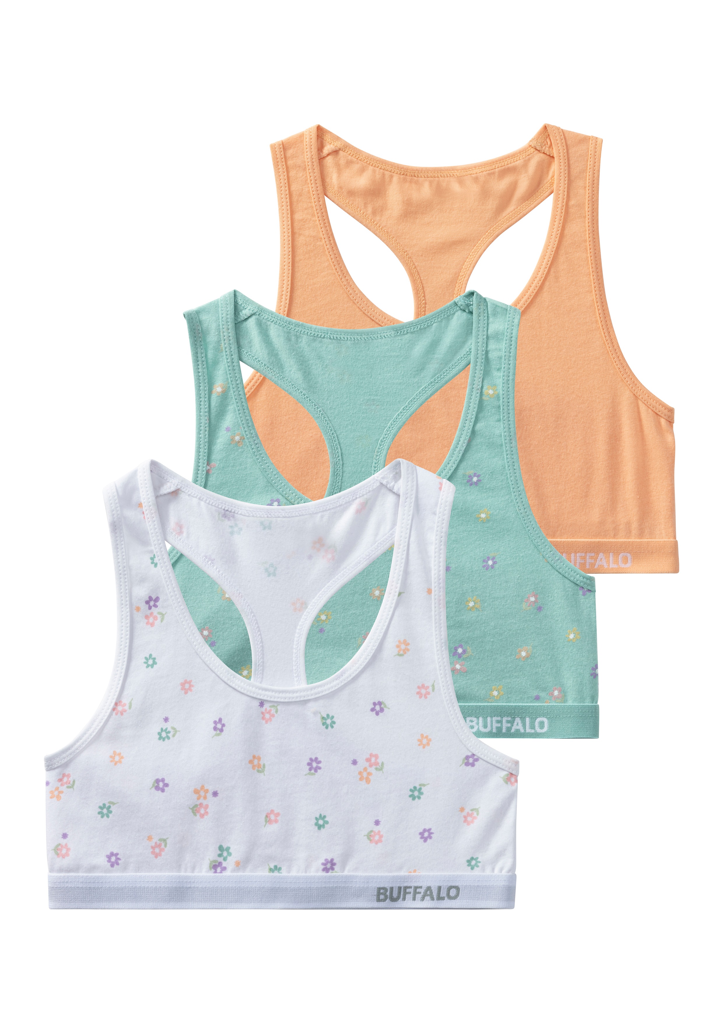 BUFFALO Mädchen Bustier, Gr. 158, weiß, Single Jersey, Obermaterial: 92% Baumwolle, 8% Elasthan, bedruckt, unifarben, BHs, Uni und Blümchen-Print in