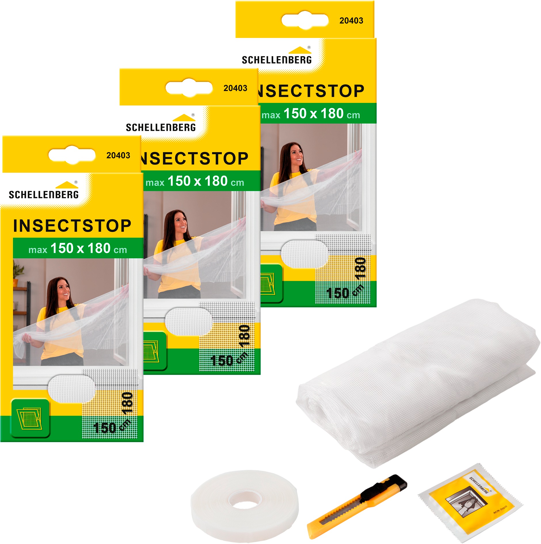 SCHELLENBERG Fliegengitter-Gewebe "Insektenschutz und Mückenschutz für Fenster ohne bohren", B/H: 150cm x 180cm, 3er Pack, weiß,