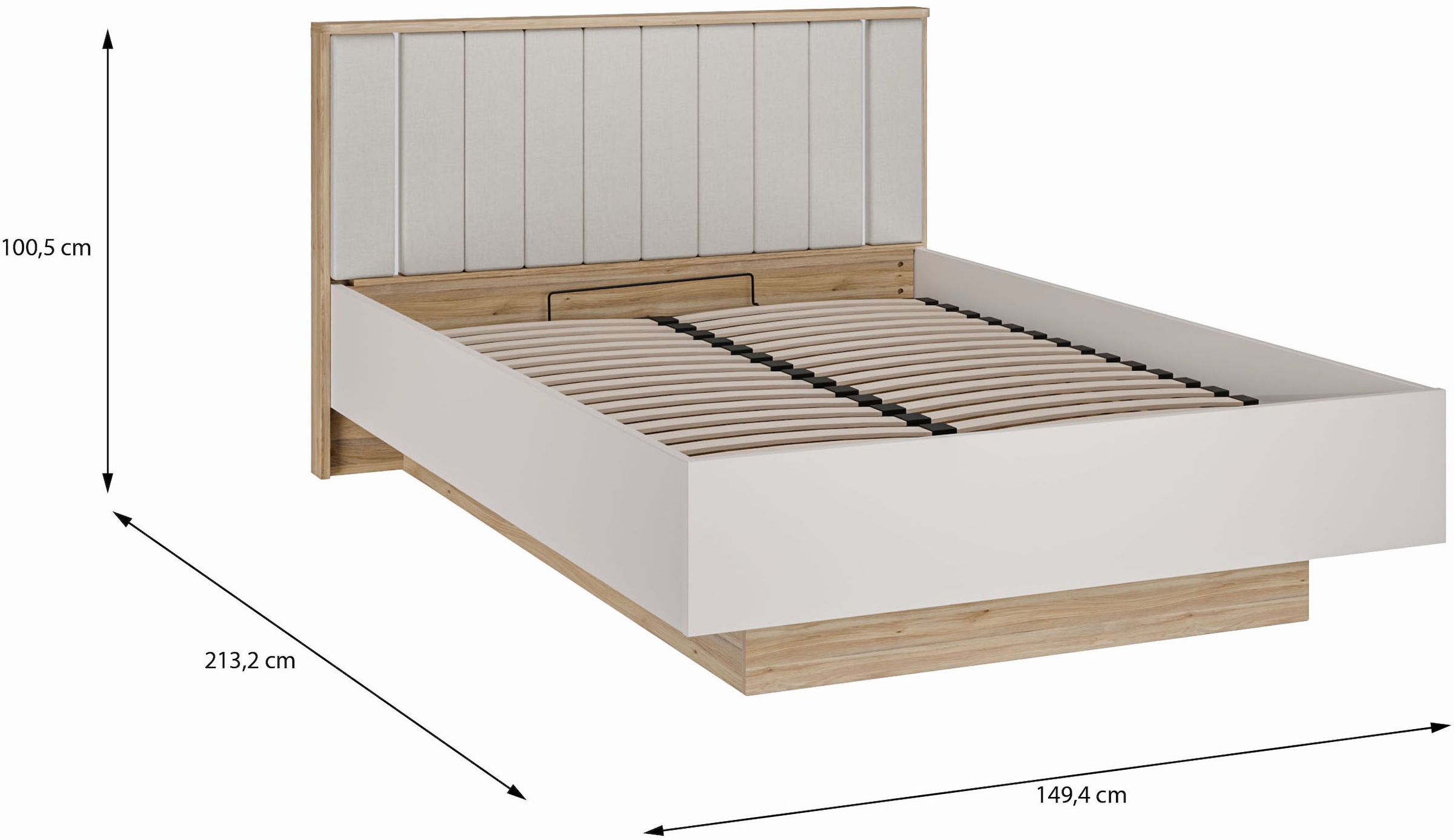 FORTE Bettgestell »Forte Seravel Bettanlage 140 o.160,  Lamellenoptik, warme Holznuancen« inklusive Beleuchtung, aufklappbarer Lattenrost, Stauraum