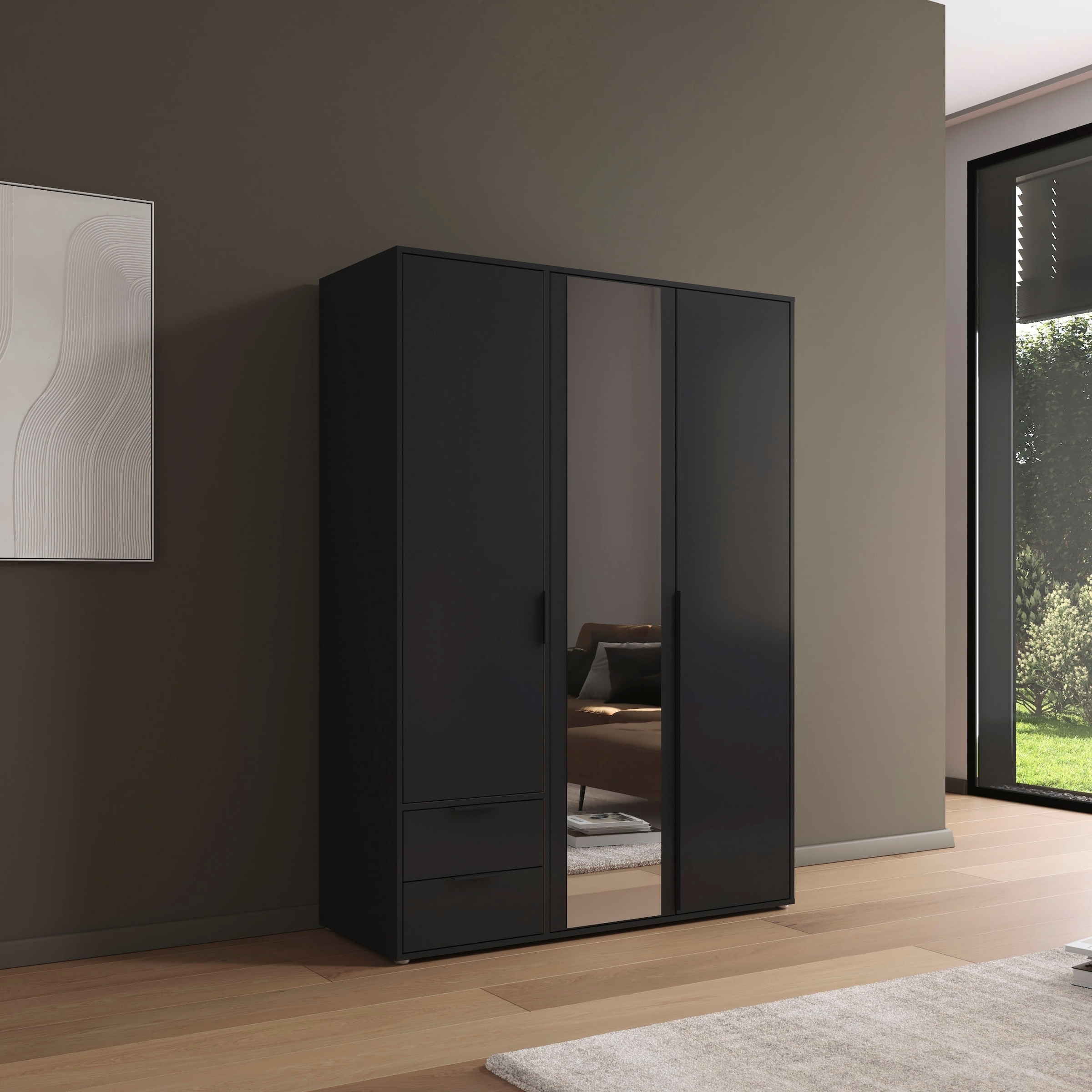 rauch Drehtürenschrank »Kleiderschrank Schrank Garderobe Wäscheschrank NAGATA mit Spiegel«, (in 3 verschiedenen Ausstattungen BASIC/CLASSIC/PREMIUM), und Schubladen sowie Stangengriffen TOPSELLER MADE IN GERMANY