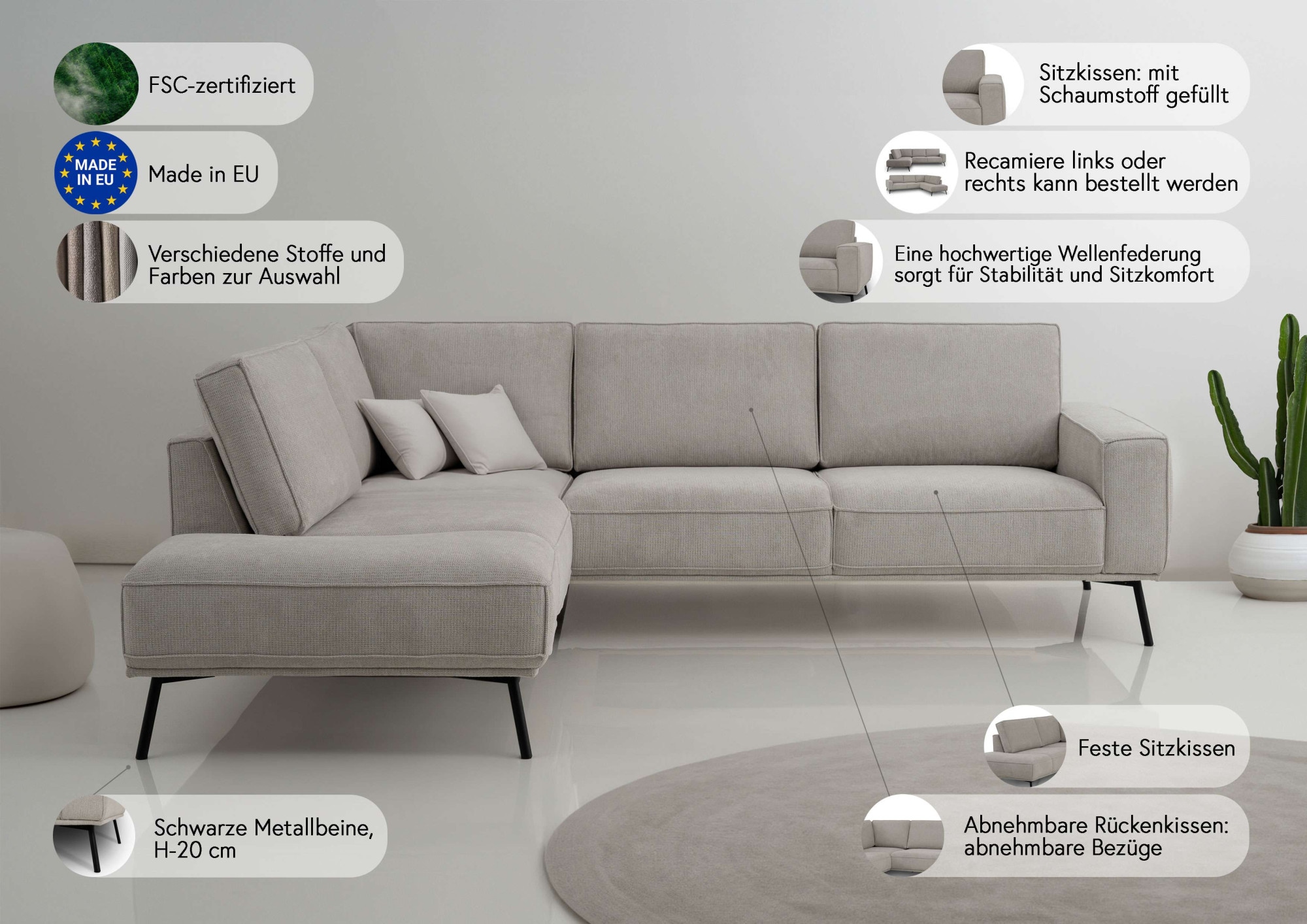 andas Ecksofa »Vosby«, Breite 260 cm, Chenille, mit dekorativer Kedernaht