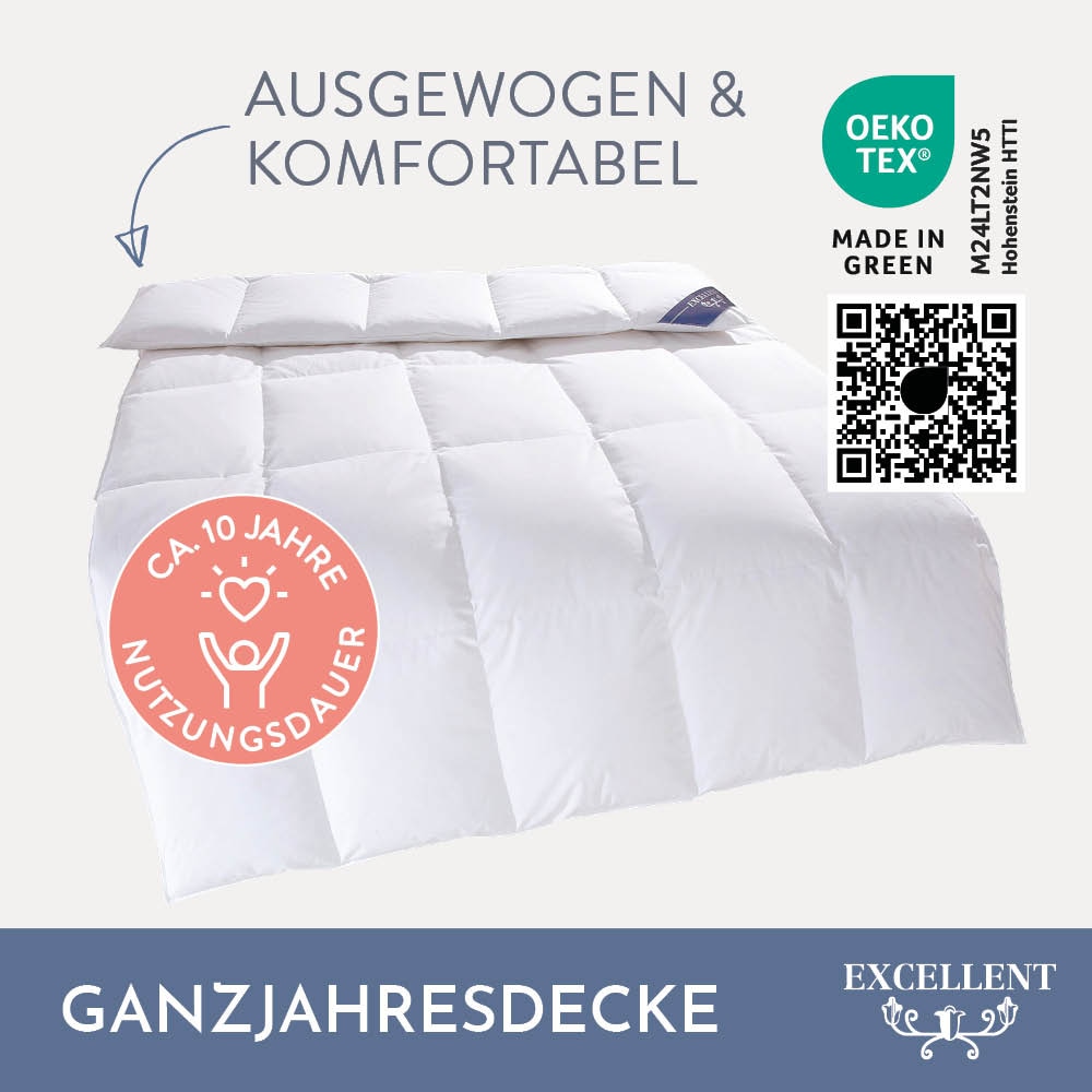 Excellent Daunenbettdecke »Wien, Bettdecken für Sommer und Winter, Decke«, normal, Füllung 90% Daunen, 10% Federn, Bezug 100% Baumwolle, (1 St.), Bettdecke 135x200 cm, made in Germany, allergiker geeignet (Hausstaub)