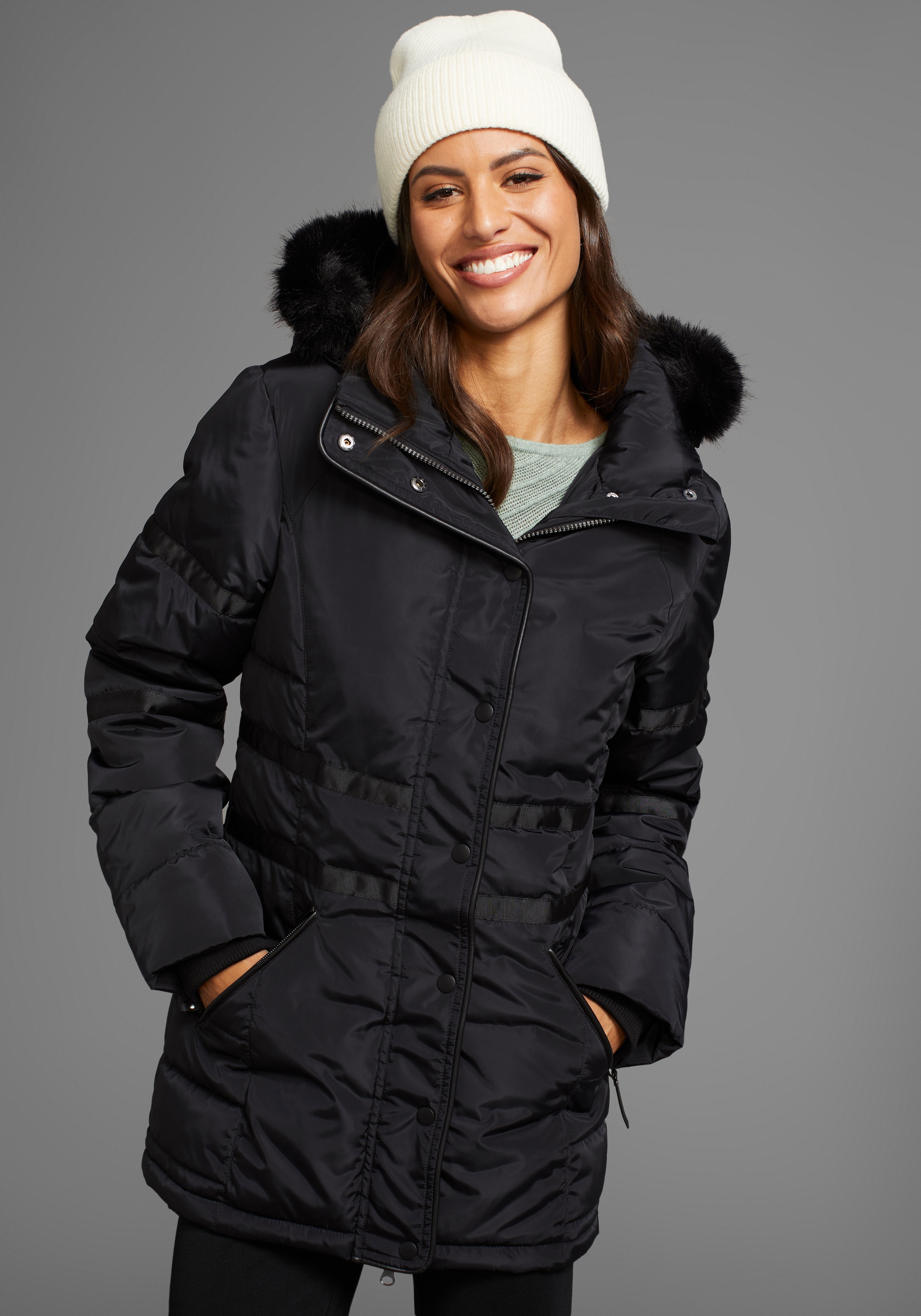 Laura Scott Winterjacke mit Kapuze mit abnehmbarer Kapuze und Fellimitat günstig online kaufen