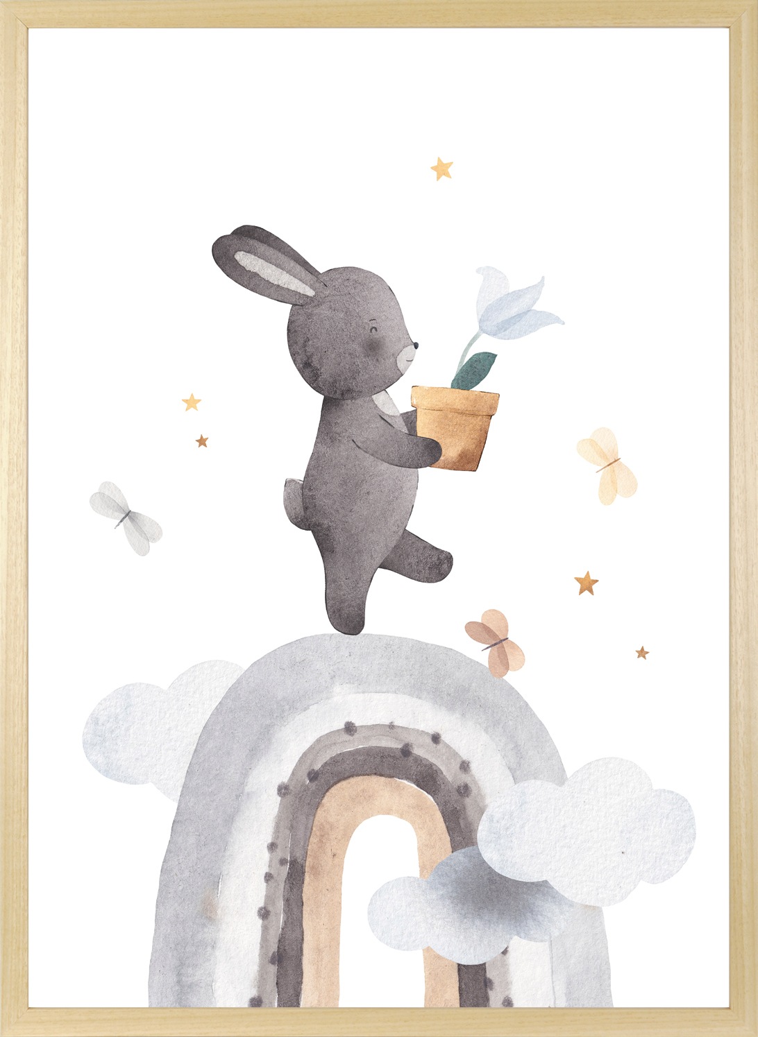 queence Bild mit Rahmen »Hase mit Blume«, Bilder vom Sternenhimmel-Hase-Hasen-Haustiere-Himmel-Himmelsbilder-Regenbogen-Schmetterlinge-Tiere-Wolken, (1 St.), HD Premium Posterdruck mit Echtholzrahmen