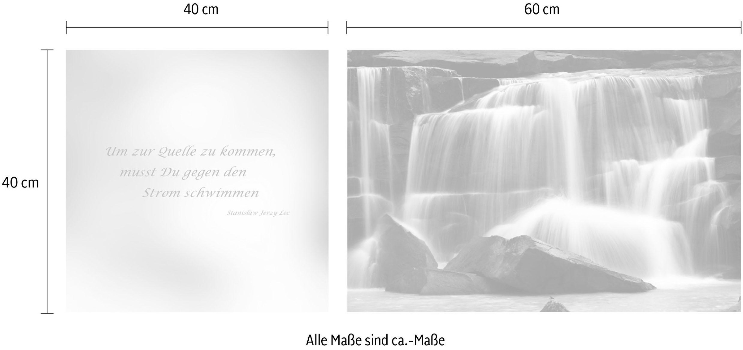 queence Leinwandbild »Quelle«, Stein-Wasserfall-Wasserfallbilder-Kunst-Modern-Spa-Spa Bilder-Sprüche-Sprüche & Texte-Schriftzug-Schriftzüge, (Set), Premium-Leinwandstoff, Handarbeit aus Deutschland, Zitat, 2er Set