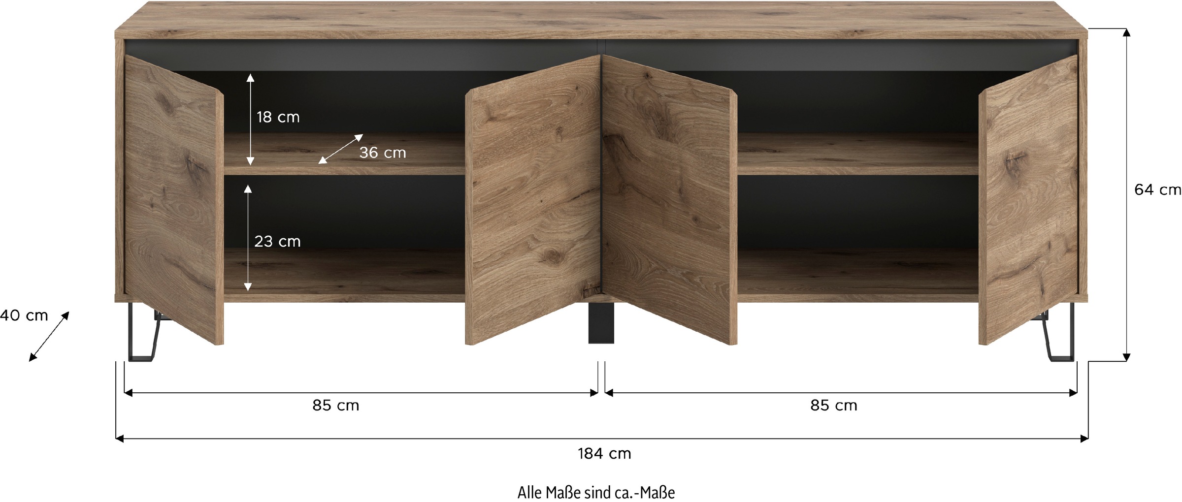INOSIGN Lowboard »BALTIC, Breite 184cm, grifflose Fronten, Metall-Füße,4 Türen, 4 Fächer«, TV-Möbel, TV-Schrank, TV-Lowboard, Mediaboard