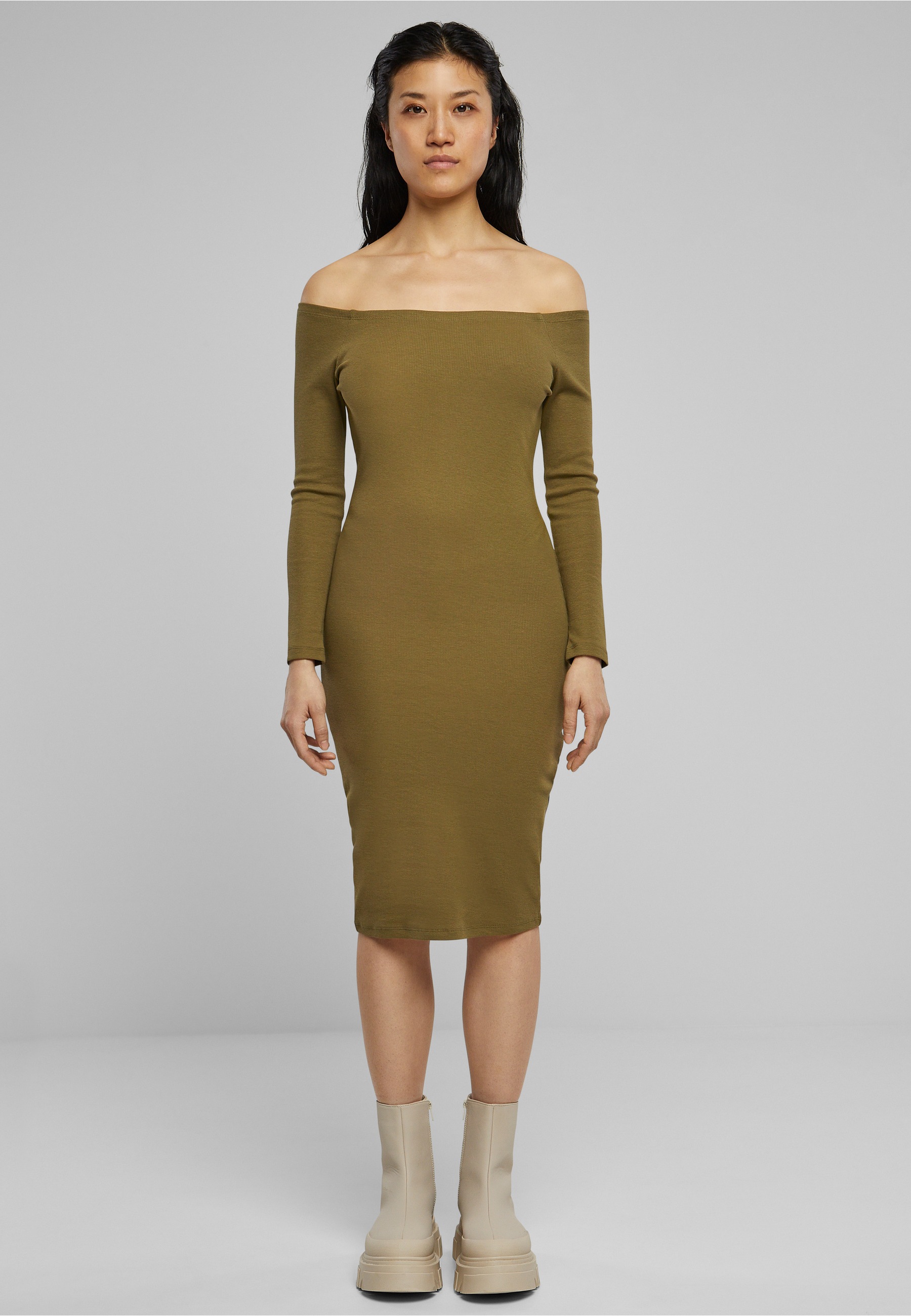 URBAN CLASSICS Shirtkleid »Urban Classics Damen Ladies Off Shoulder Longsleeve Rib Dress« 1 Stk. tlg.