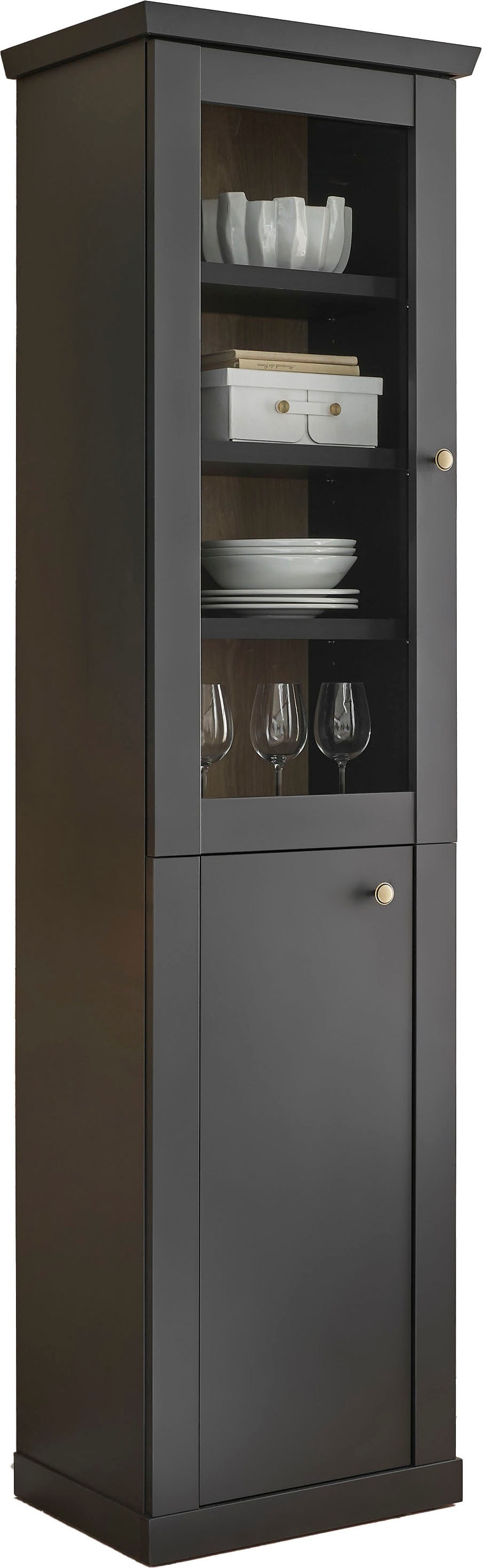 Home affaire Vitrine »Lincoln, Hochschrank im Landhausstil, moderne Glasvitrine« edles Design, messingfarbene Knopfgriffe, vielseitig einsetzbar