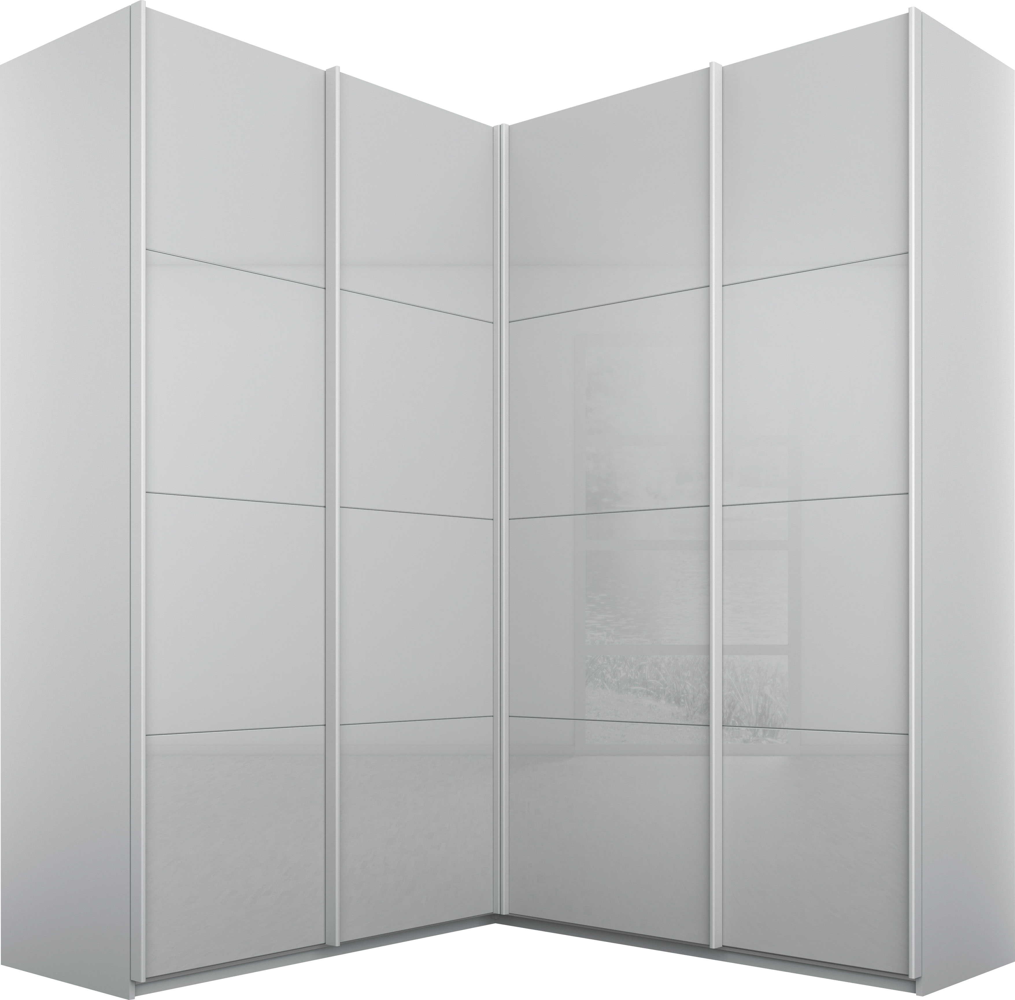 rauch Schwebetürenschrank "Kleiderschrank Garderobe Eckkleiderschrank QUADRA mit edler Glasfront" Maß 181x187 cm, Höhen 210/229 cm, inkl. Soft-Close-Funktion, extra großer Eckschrank inkl. Schubladeneinsatz MADE IN GERMANY